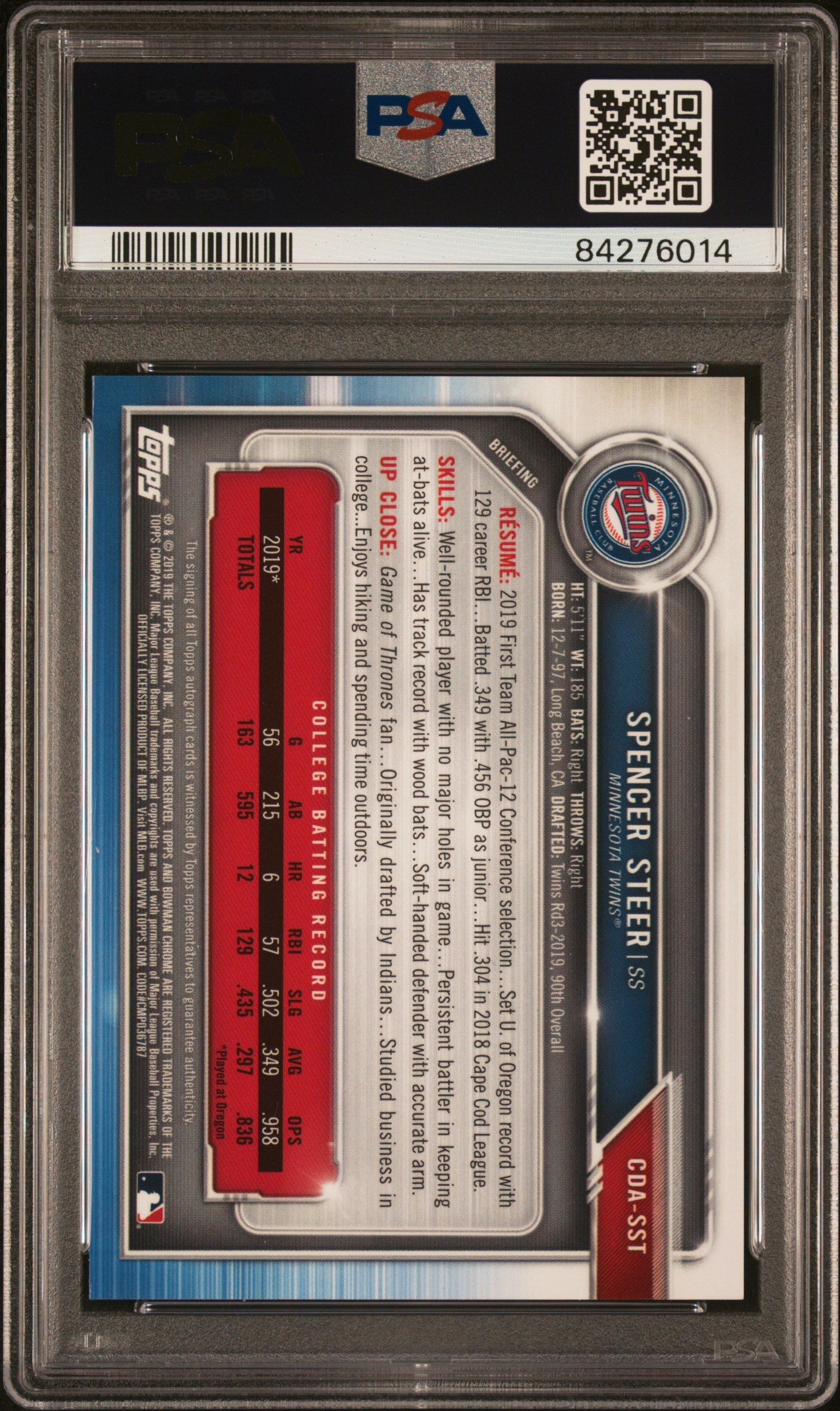 Spencer Steer 2019 Bowman Chrome Draft Auto Purple Refractor #148/250 PSA 9 Auto 10