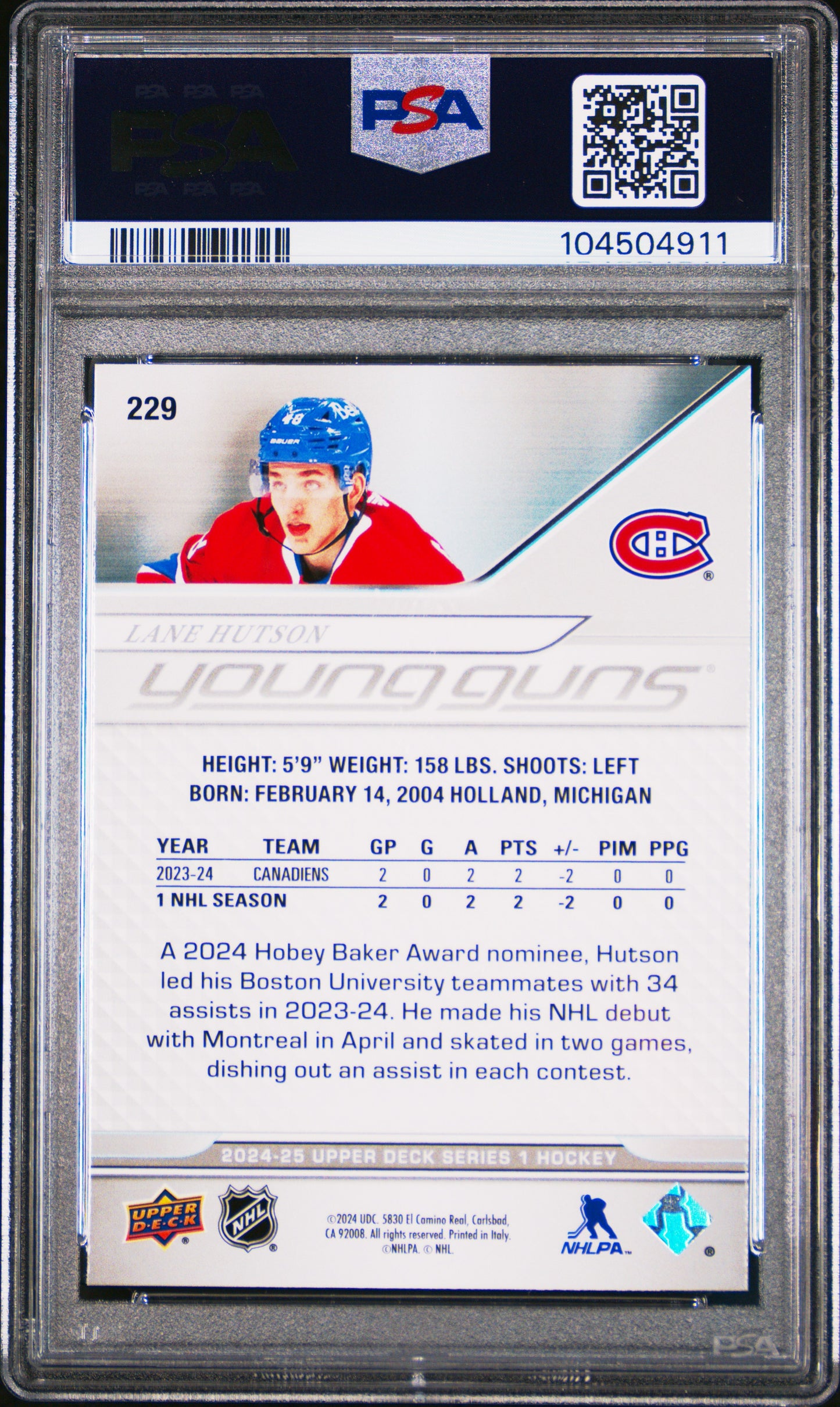 Lane Hutson 2024 Upper Deck Rookie #229 PSA 10 Gem Mint