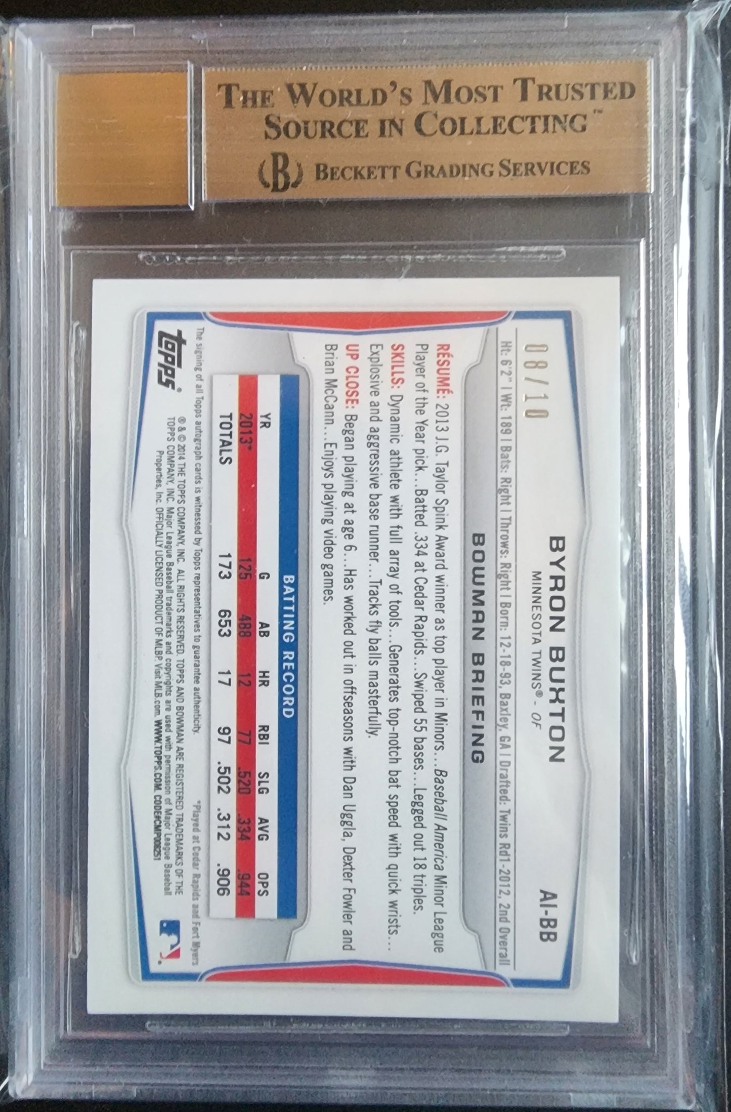 Byron Buxton 2014 Bowman Purple Ice Auto #8/10 BGS 9.5 Gem Mint 10 Auto