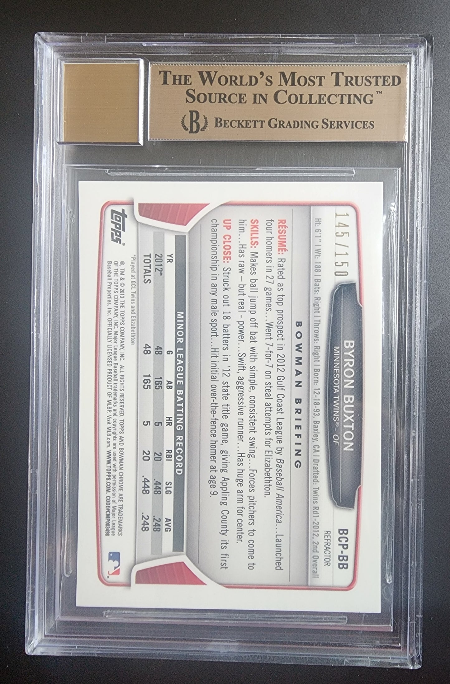 Byron Buxton 2013 Bowman Chrome Autograph Blue Refractor 145/150 BGS 9.5 Gem Mint 10 Auto