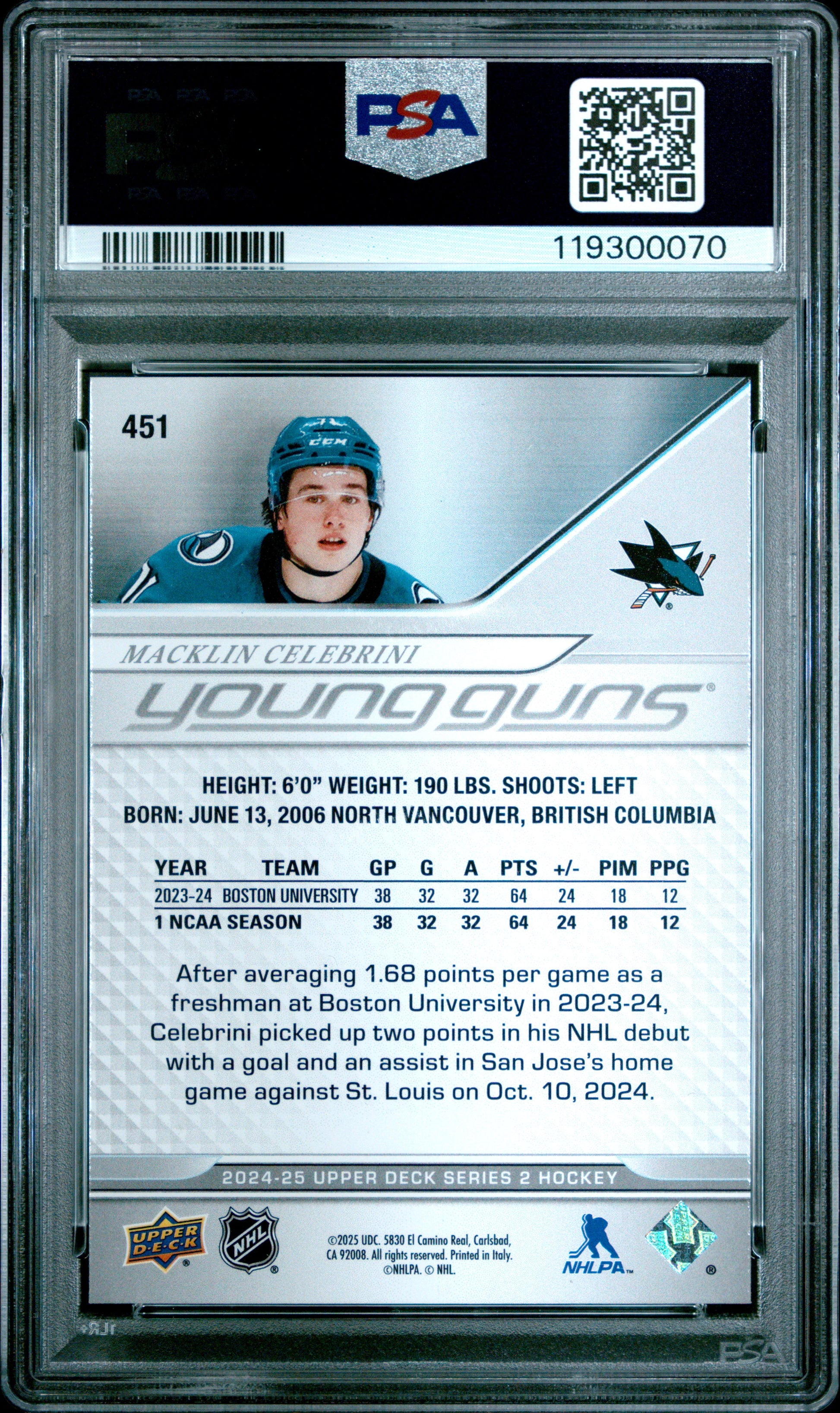 Macklin Celebrini 2024 Upper Deck Rookie #451 PSA 9 Mint 0070