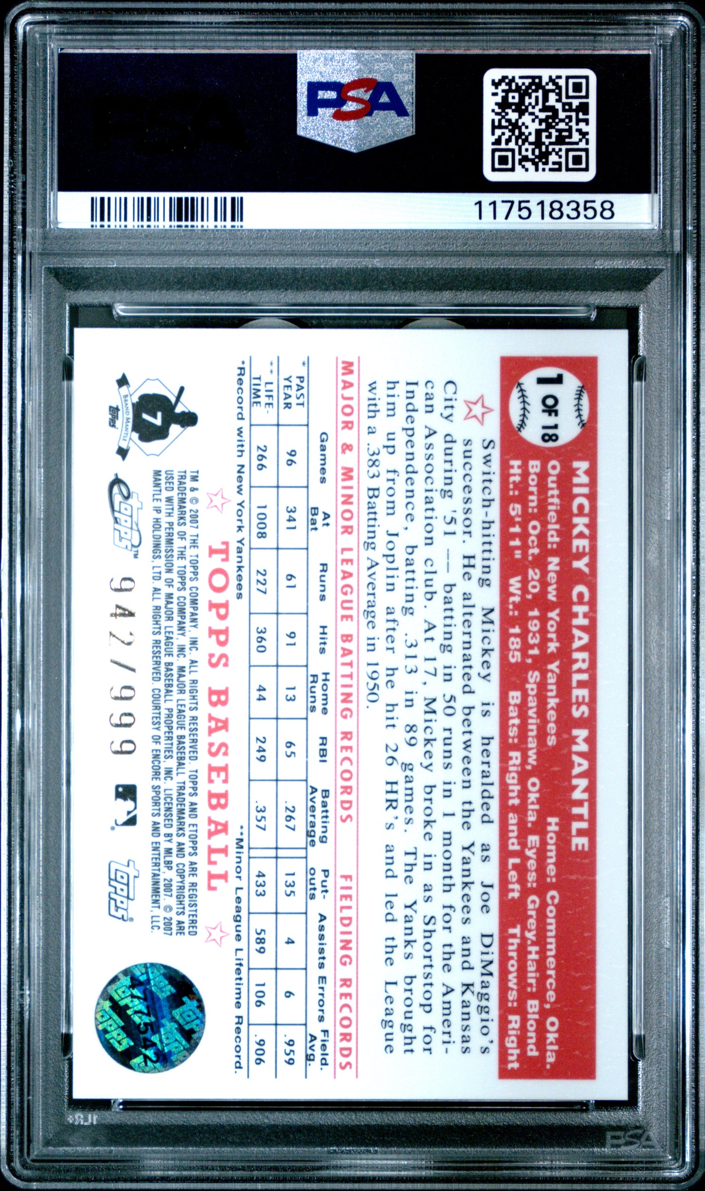 Mickey Mantle 2007 eTopps 1952 Topps Reprint #942/999 PSA 9 Mint