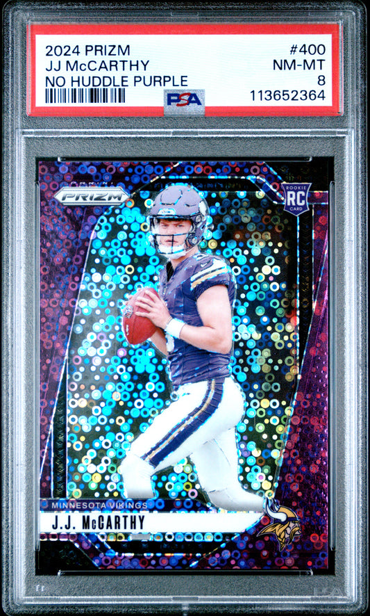 JJ McCarthy 2024 Panini Prizm Rookie #400 No Huddle Purple #8/49 PSA 8 Nm-Mint