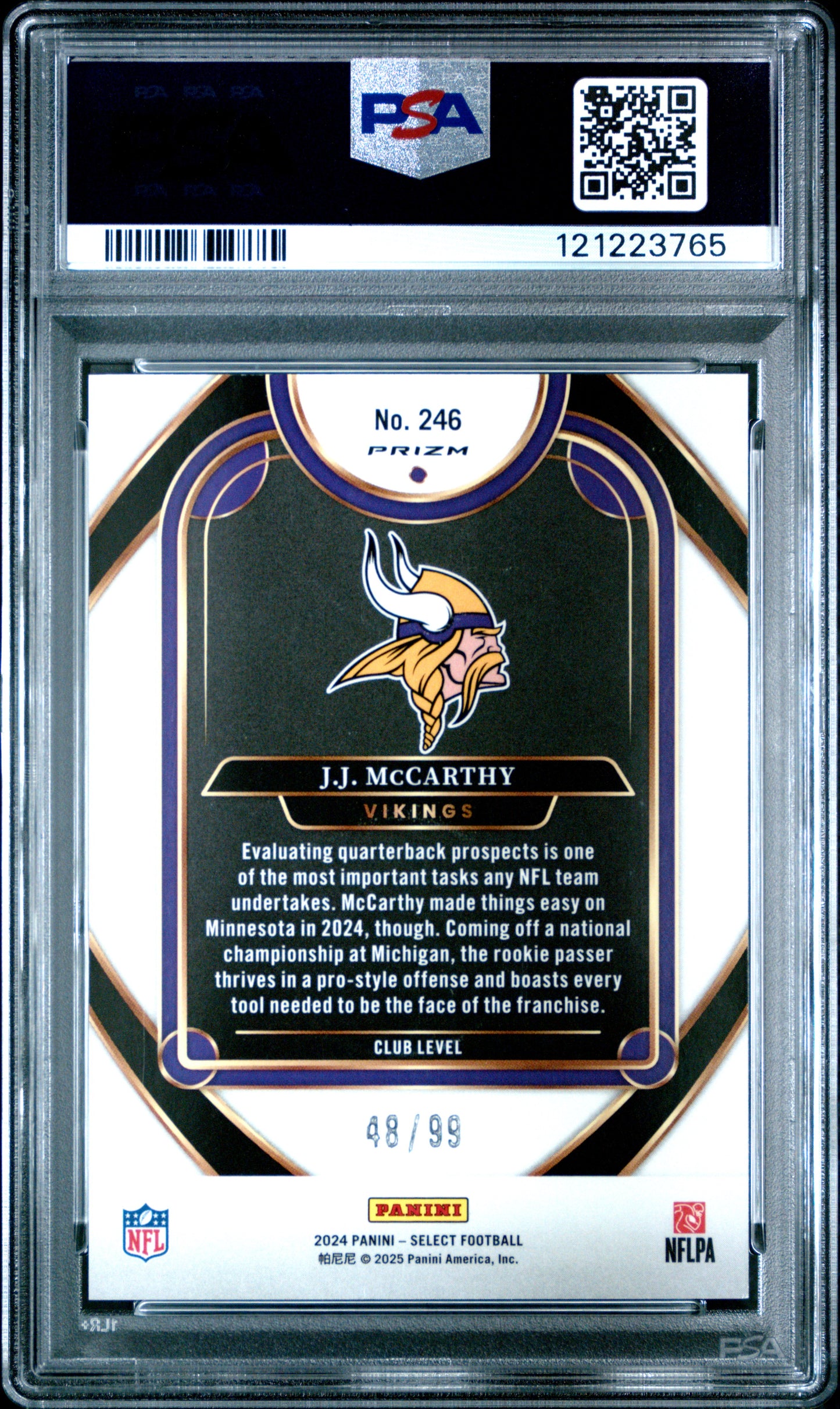 JJ McCarthy 2024 Panini Select Rookie #246 Blue Prizm #48/99 PSA 10 Gem Mint