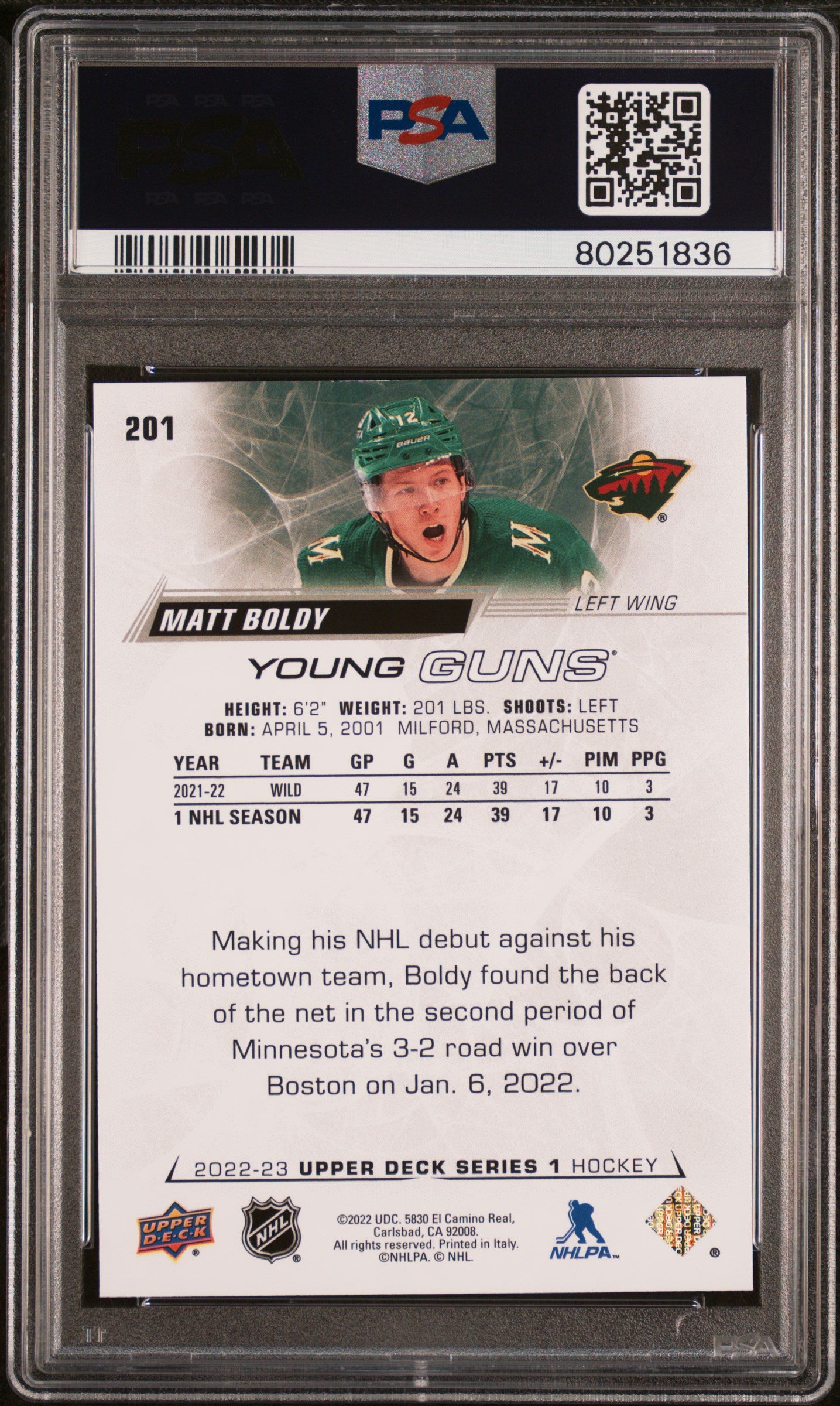 Matt Boldy 2022 Upper Deck Rookie #201 PSA 10 Gem Mint 1836