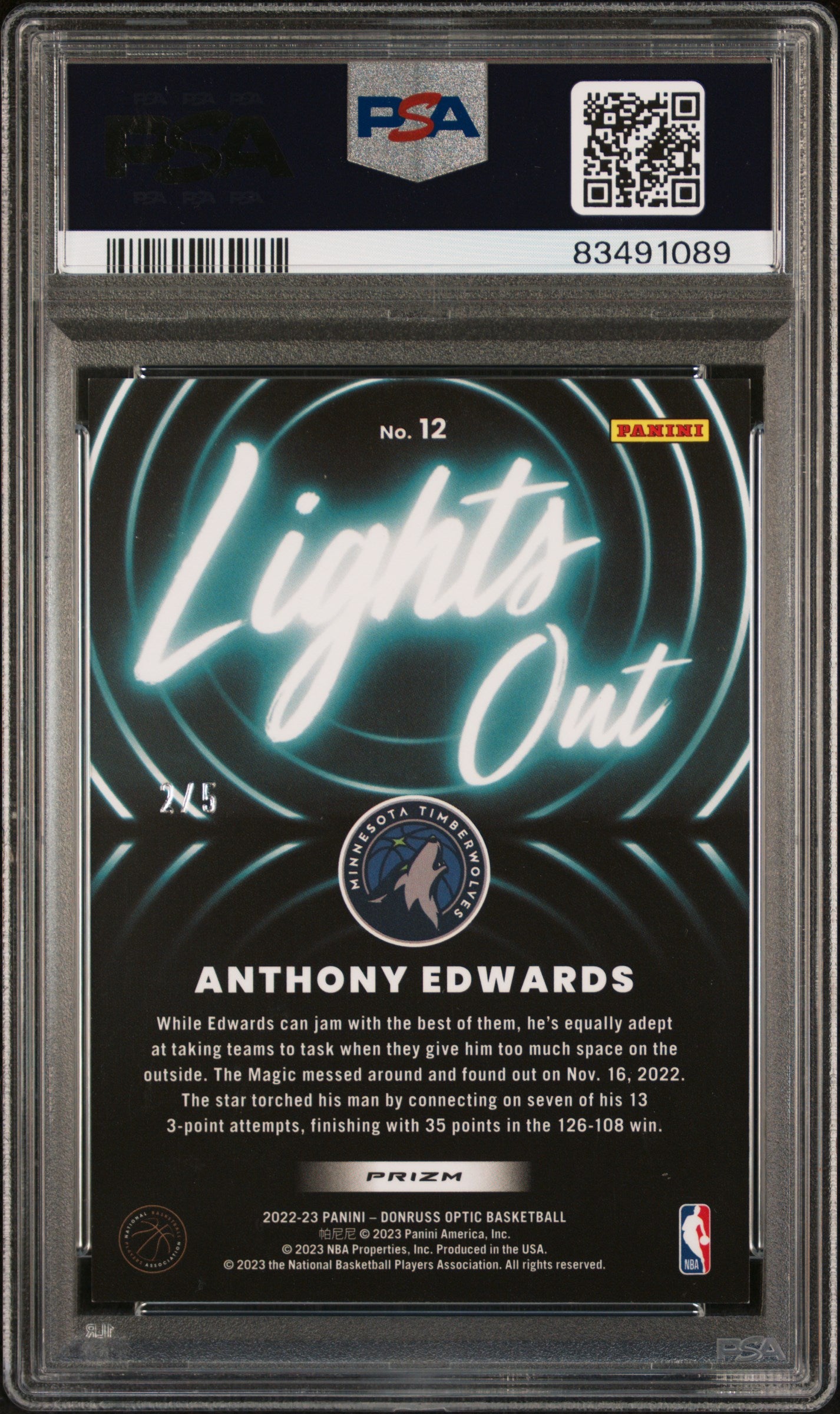 Anthony Edwards 2022 Donruss Optic Lights Out Green #2/5 PSA 9 Mint