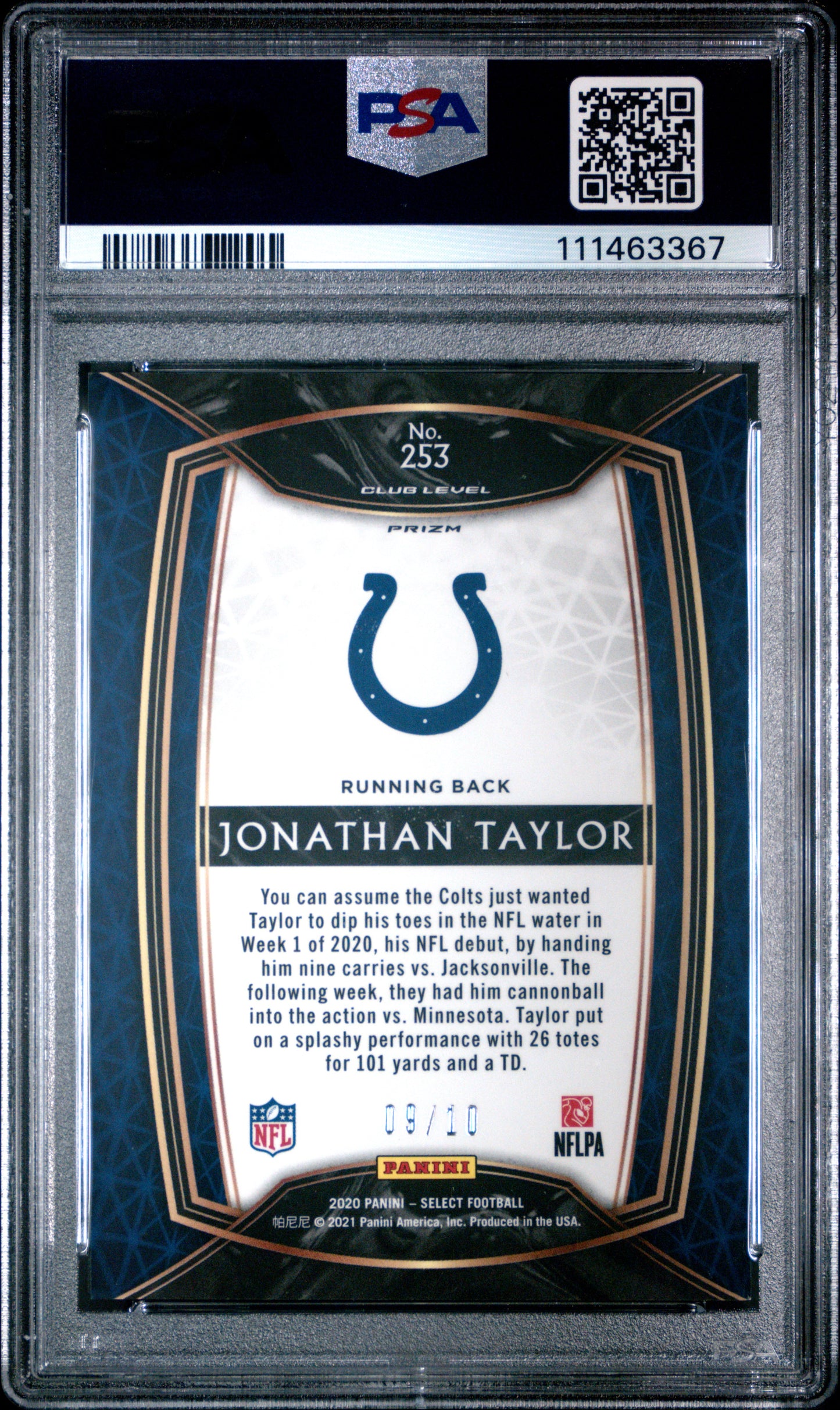 Jonathan Taylor 2020 Panini Select #253 Gold Prizm #9/10 PSA 9 Mint