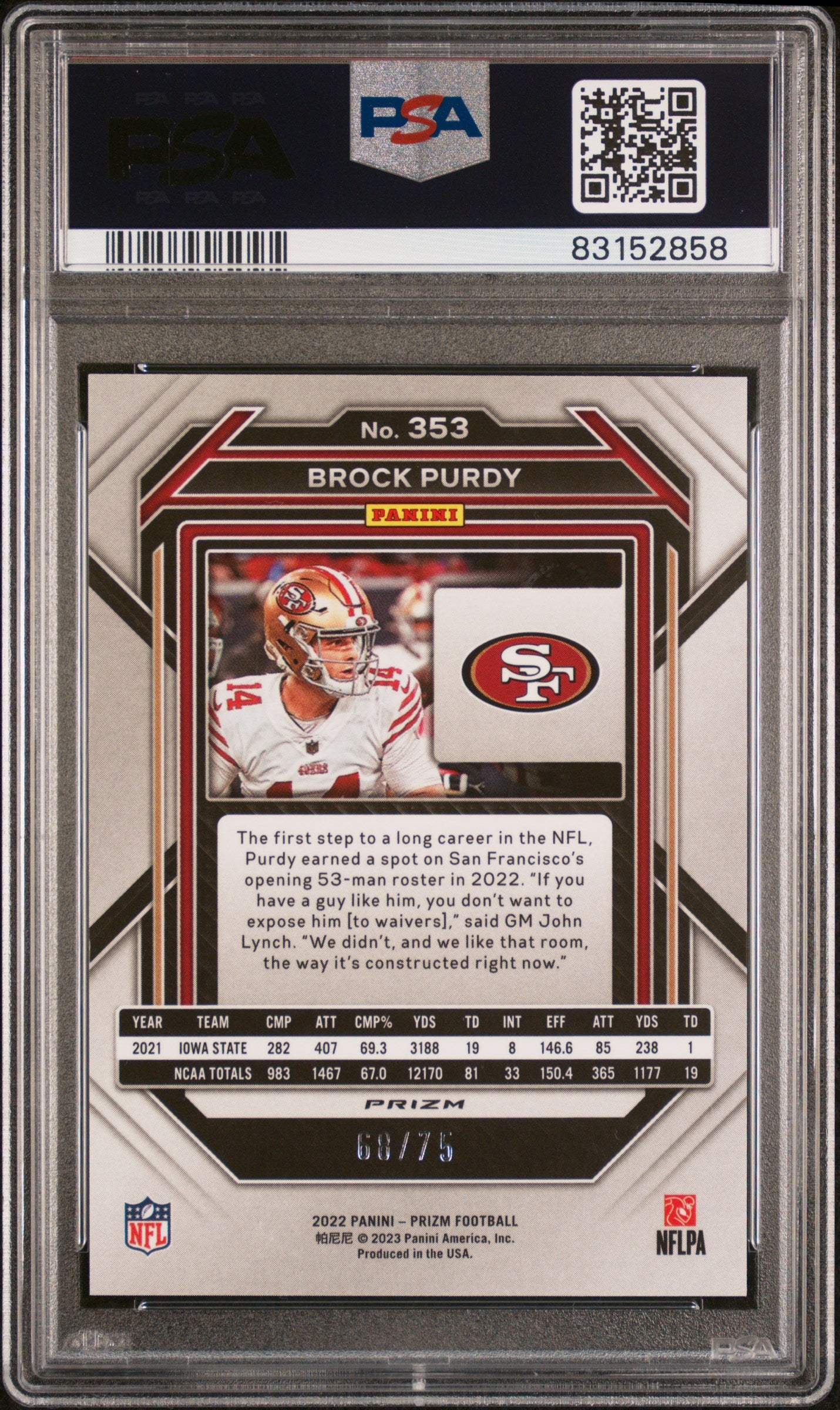 Brock Purdy 2022 Panini Prizm Rookie #353 Green Scope #68/75 PSA 10 Gem Mint
