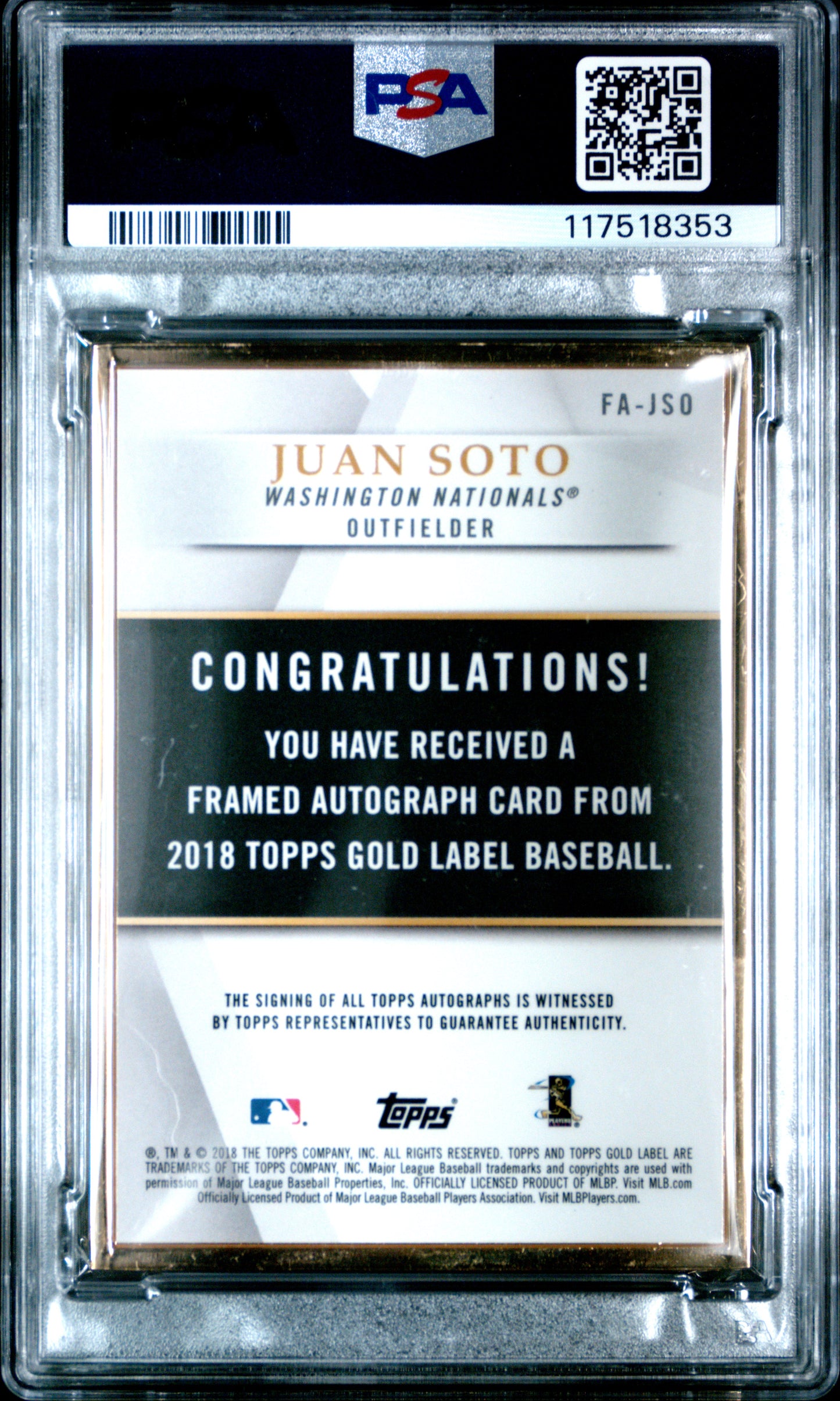 Juan Soto 2018 Topps Gold Label Red Framed Rookie Auto #8/25 PSA 9 Mint