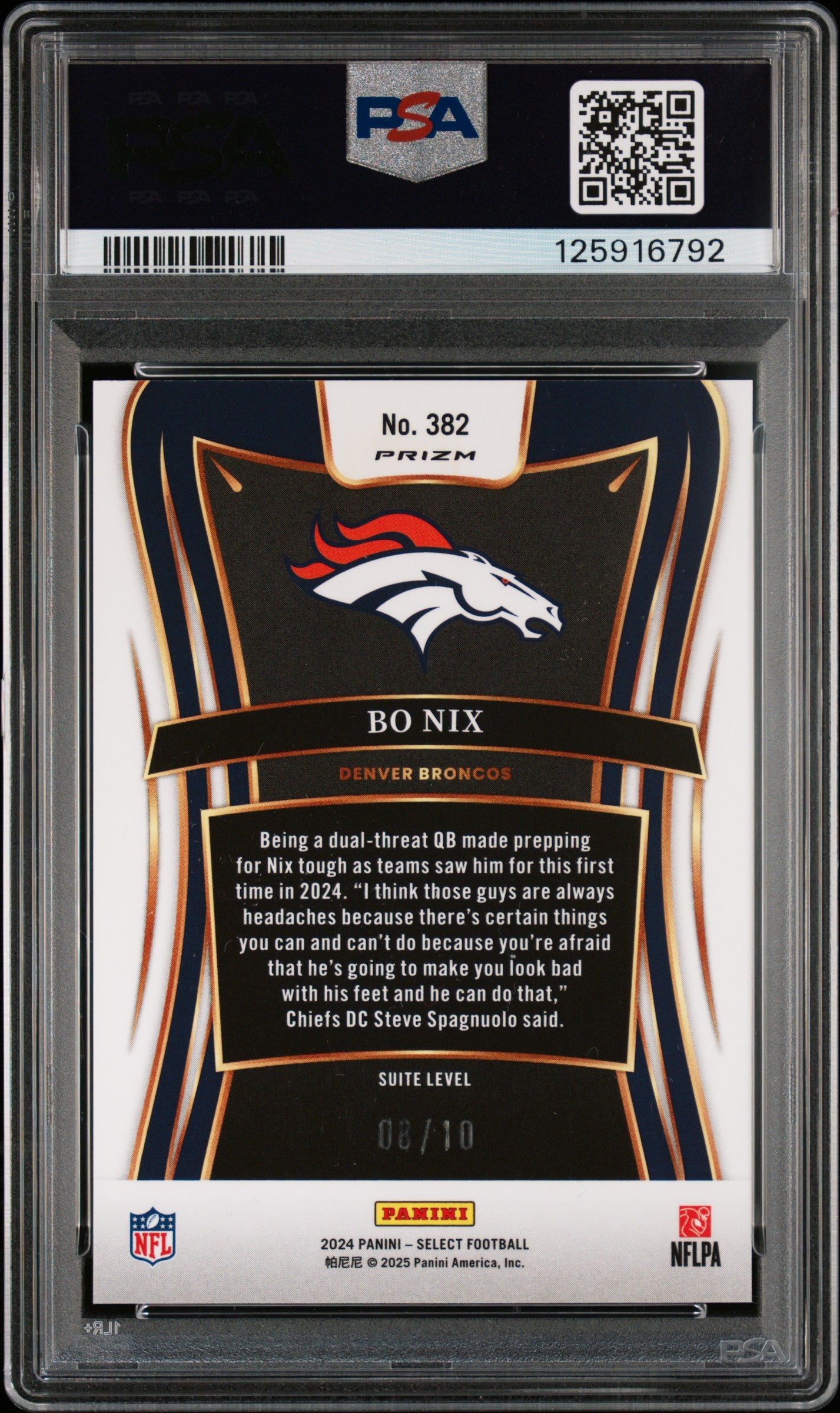 Bo Nix 2024 Panini Select Rookie #382 Gold Prizm #8/10 PSA 10 Gem Mint