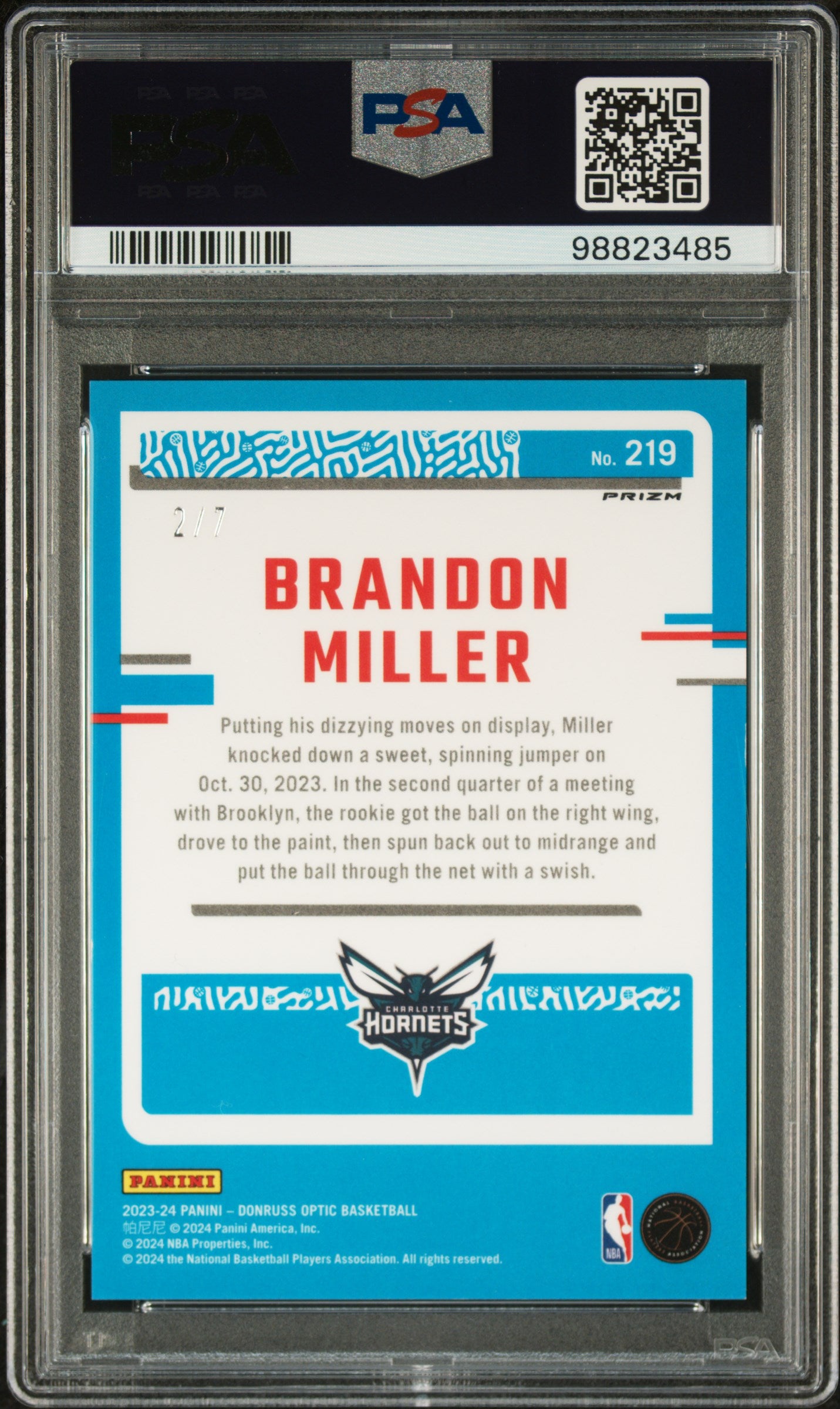 Brandon Miller 2023 Donruss Optic Rookie #219 Red/Yellow Fast Break #2/7 PSA 9 Mint