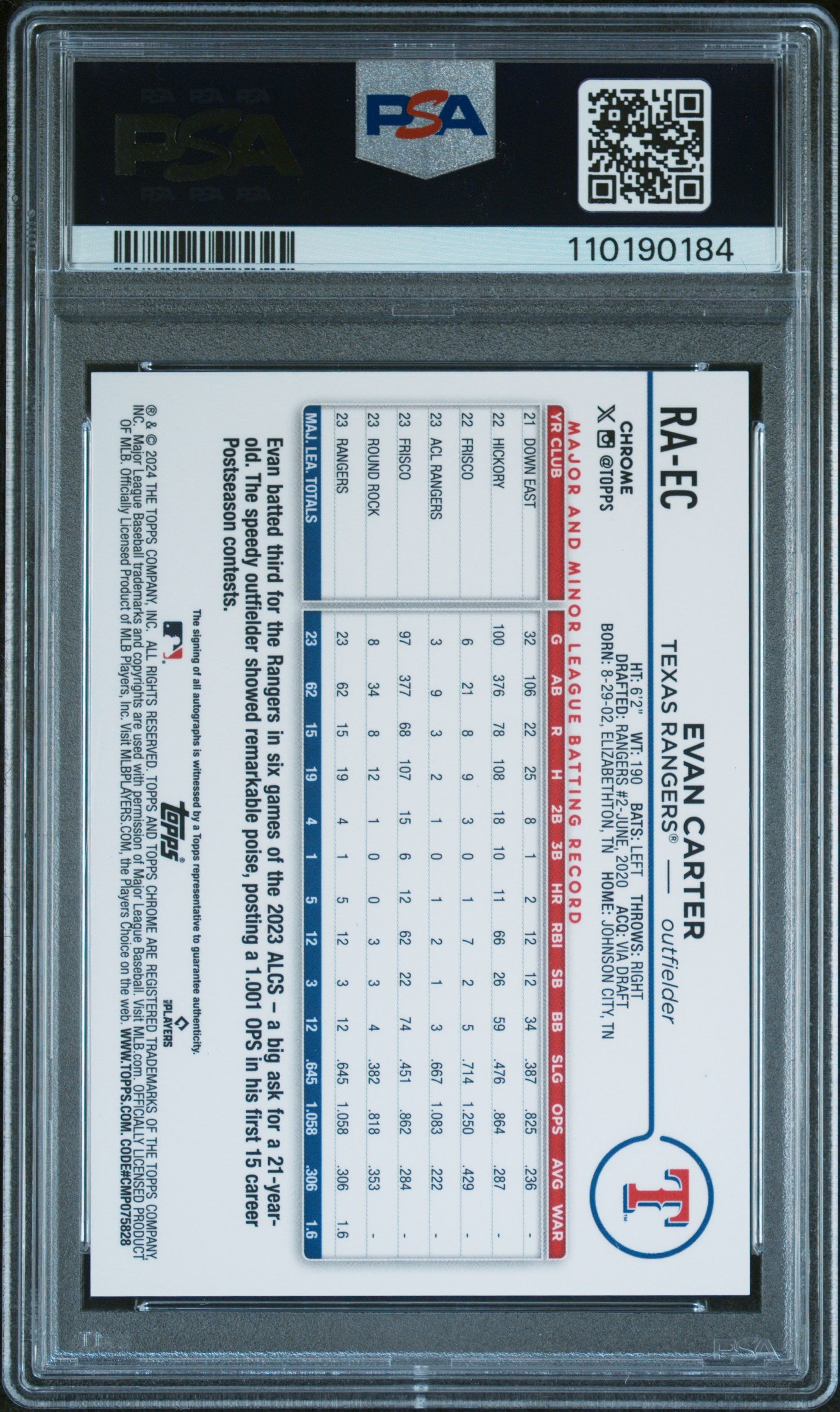 Evan Carter 2024 Topps Chrome Rookie Autograph PSA 10 Auto 10
