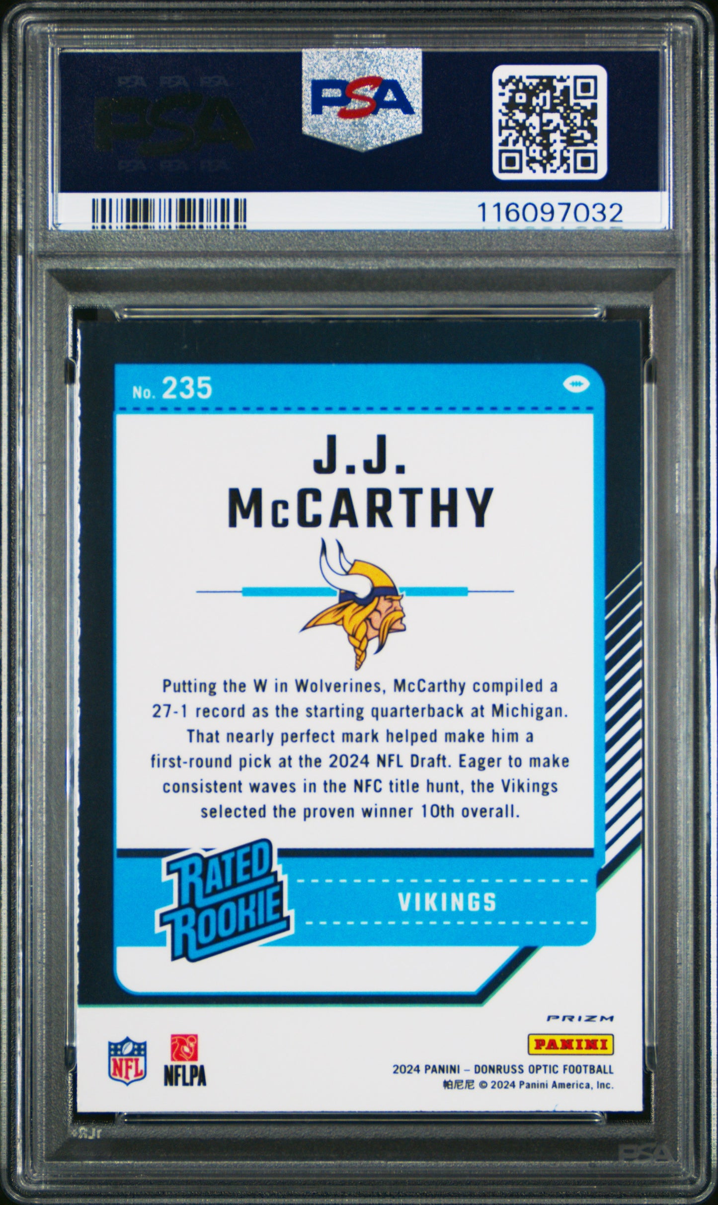 JJ McCarthy 2024 Donruss Optic Rookie #235 Blue Hyper PSA 10 Gem Mint