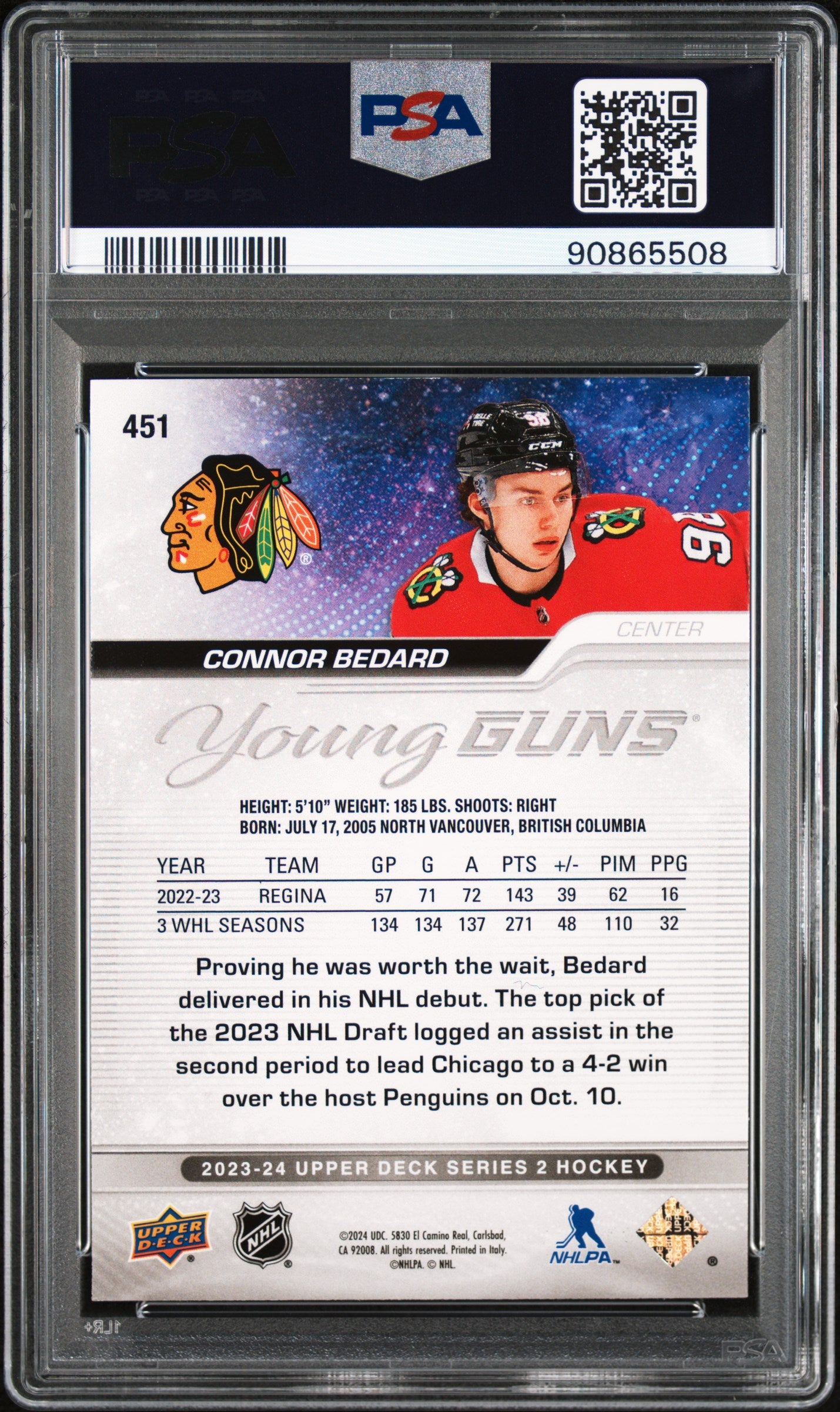 Connor Bedard 2023 Upper Deck Rookie #451 PSA 9 Mint 5508