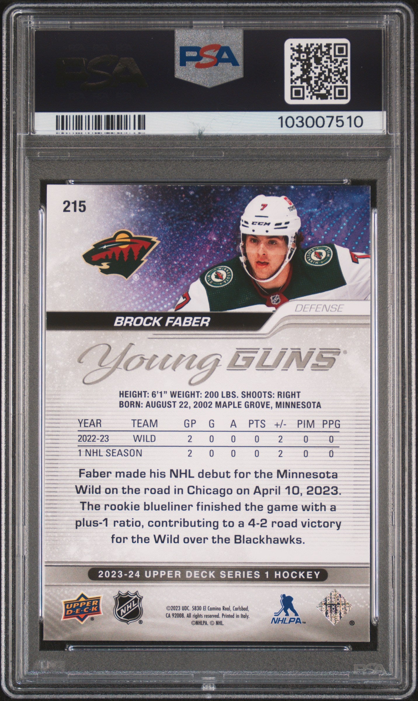 Brock Faber 2023 Upper Deck Rookie #215 Autograph PSA 10 Auto 7510