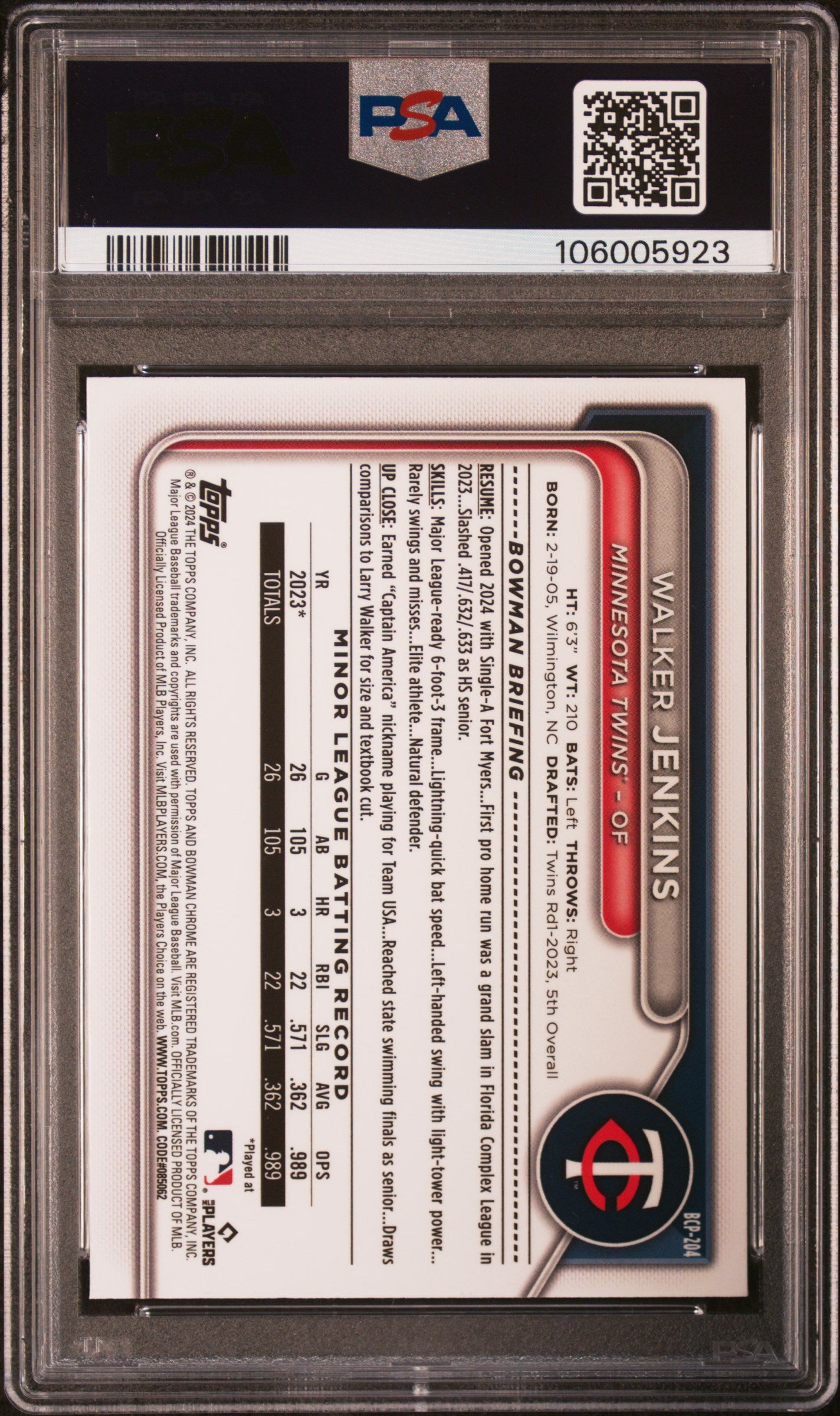 Walker Jenkins 2023 Bowman Chrome Sapphire Orange #2/25 PSA 10 Gem Mint
