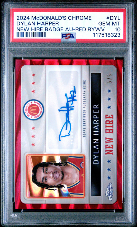 Dylan Harper 2024 Topps Chrome McDonald's Red Raywave Auto #5/5 PSA 10 Gem Mint