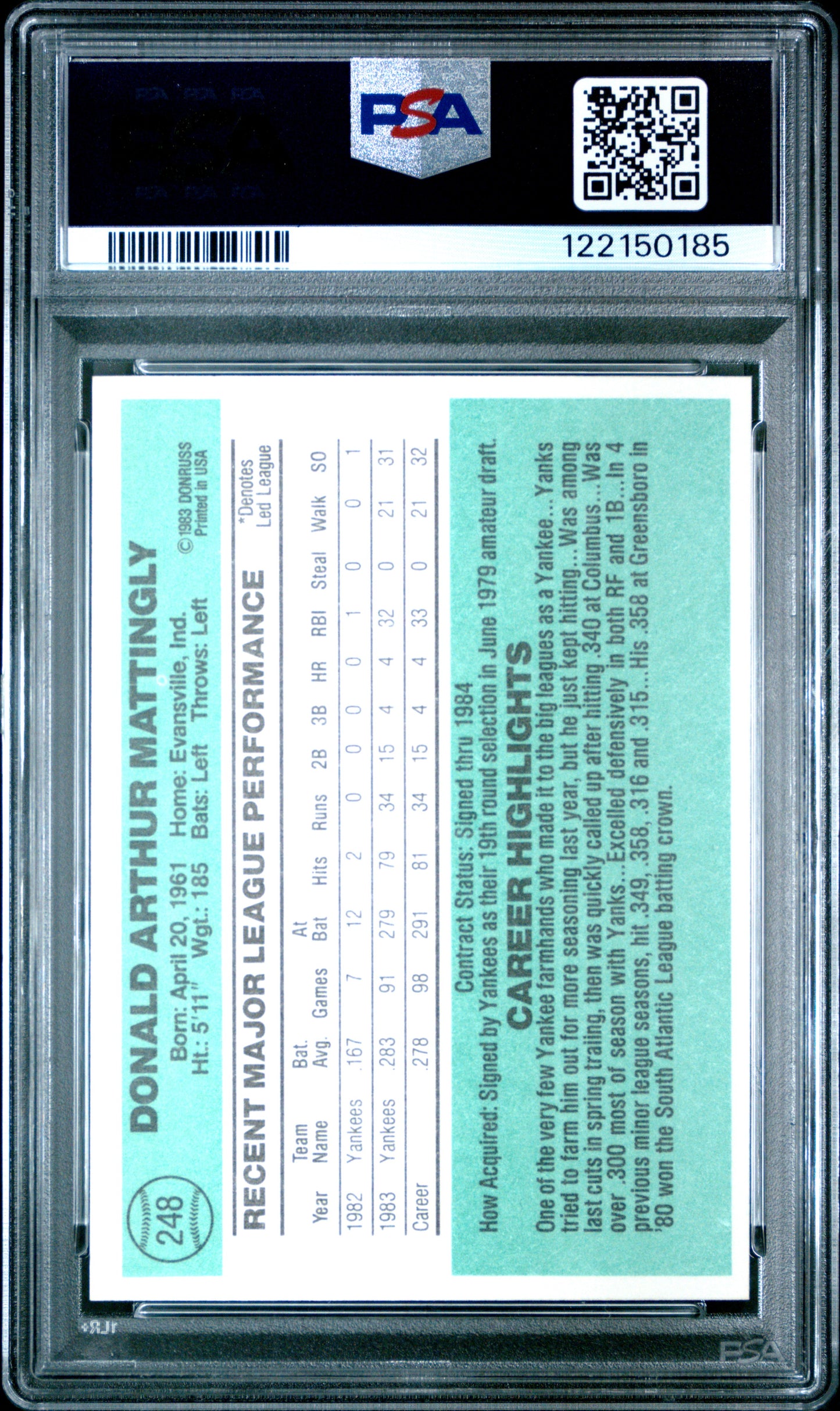 Don Mattingly 1984 Donruss Rookie #248 PSA 9 Mint 0185