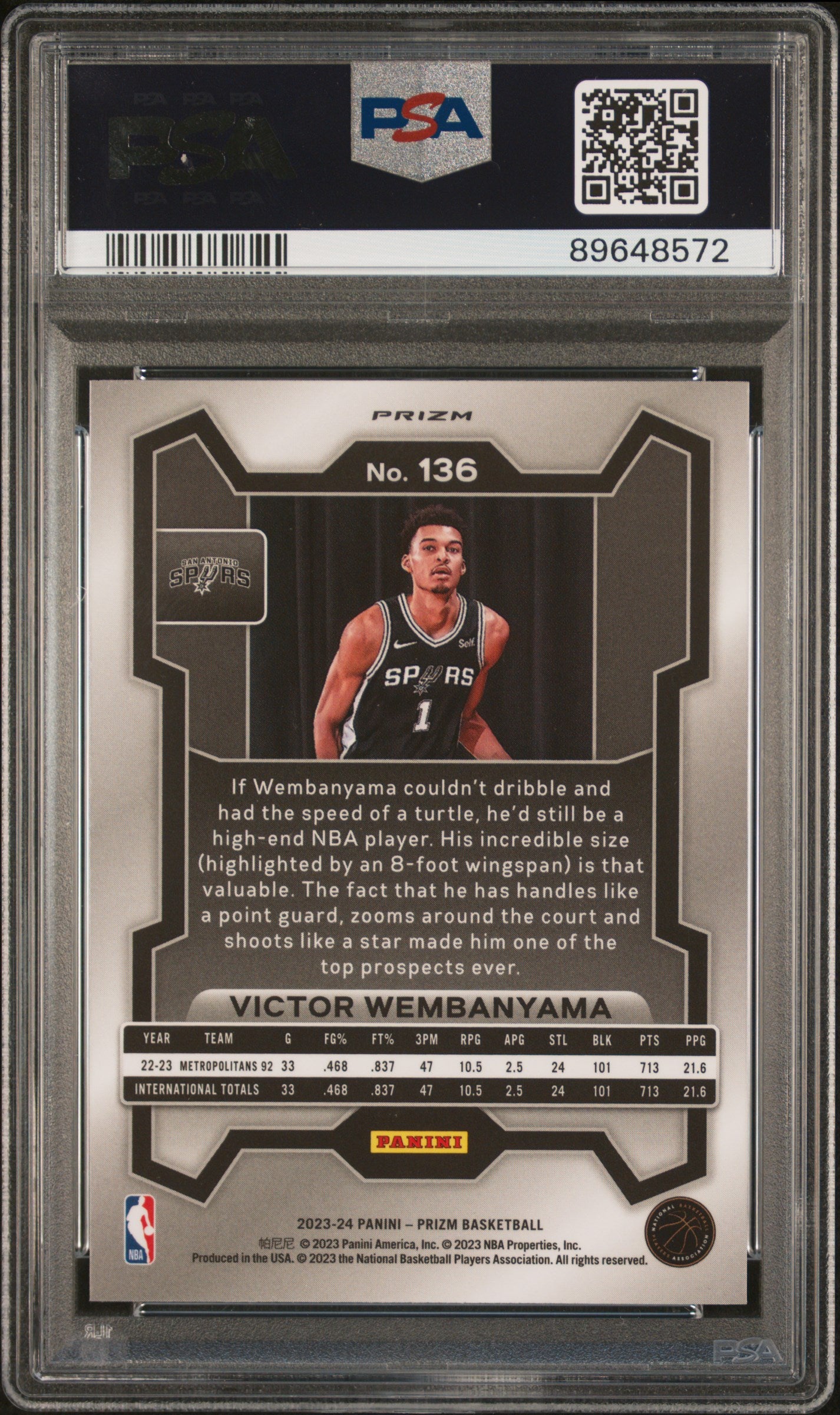 Victor Wembanyama 2023 Panini Prizm Rookie #136 Silver Prizm PSA 10 Gem Mint 8572