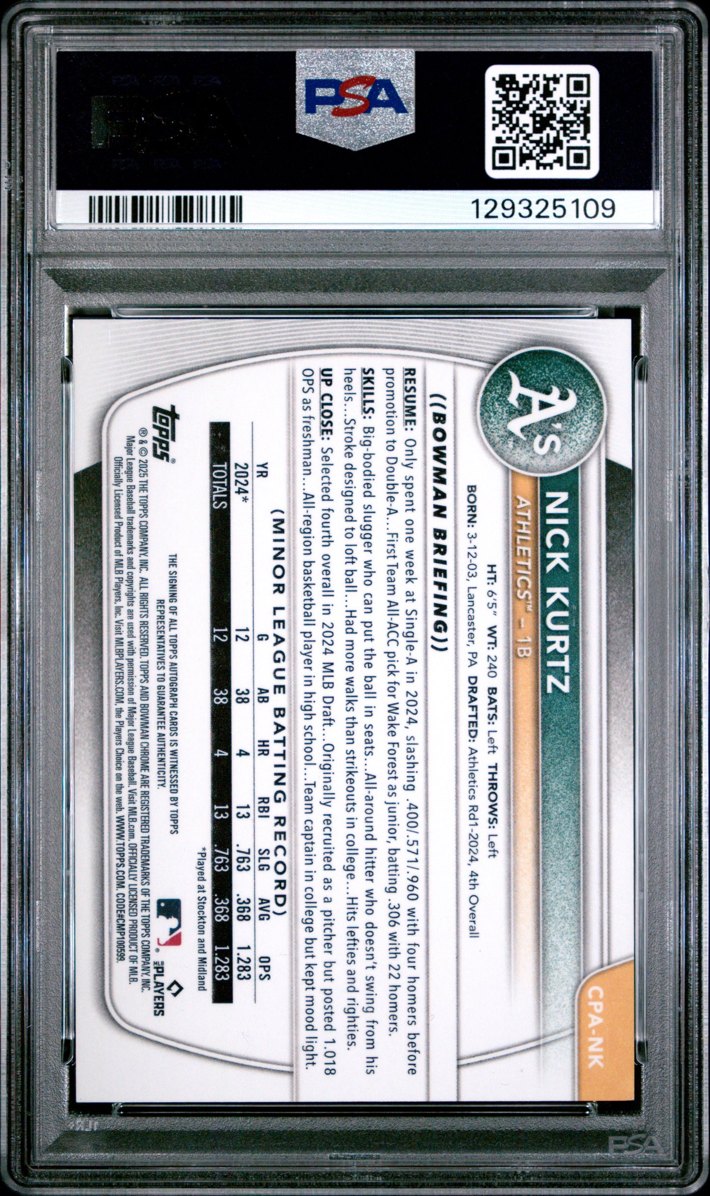 Nick Kurtz 2025 Bowman HTA Choice Autograph #126/150 PSA 8 Nm-Mint