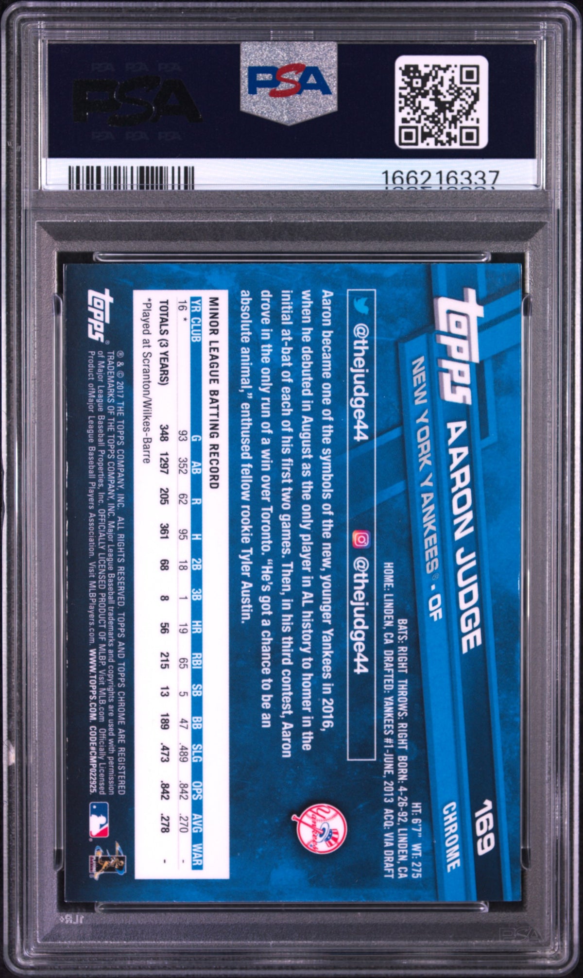Aaron Judge 2017 Topps Chrome Rookie #169 PSA 10 Gem Mint 6337