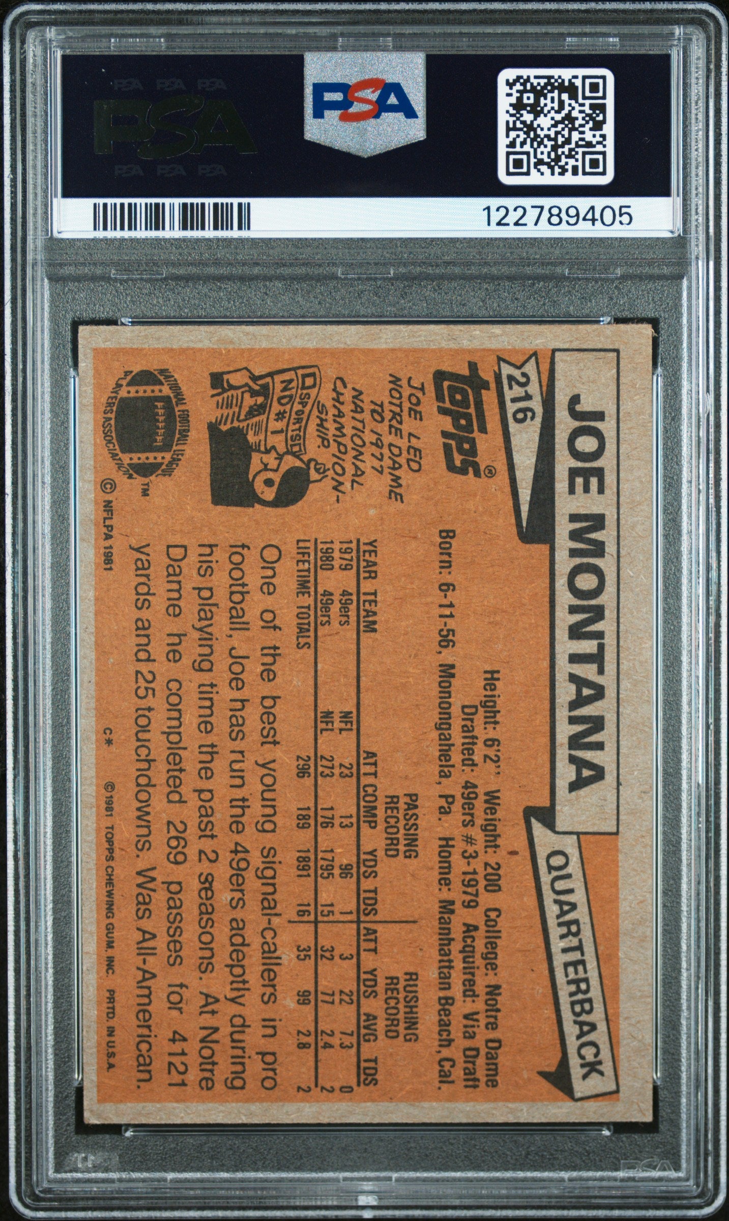 Joe Montana 1981 Topps Rookie #216 PSA 4 Vg-Ex