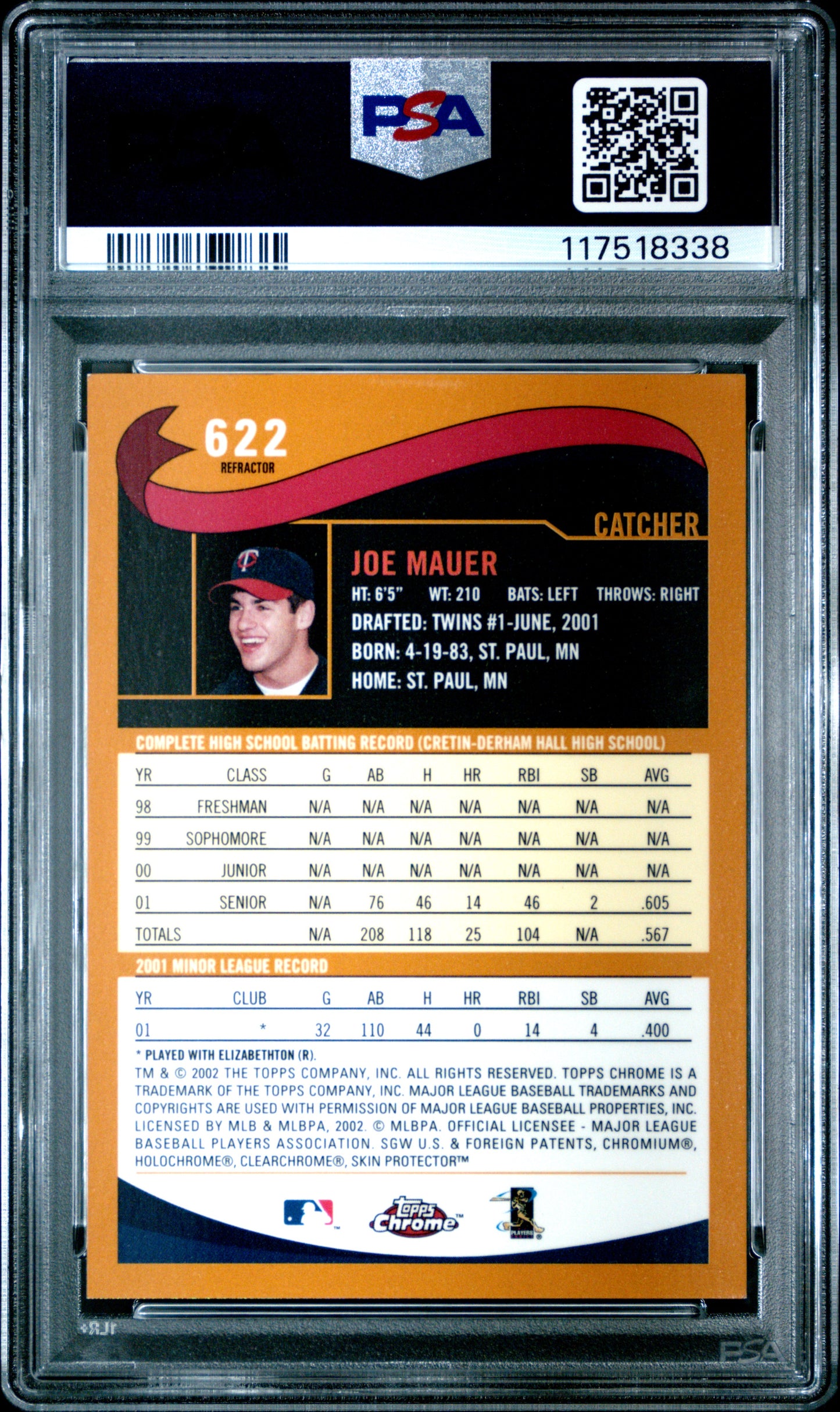 Joe Mauer 2002 Topps Chrome Rookie #622 Gold Refractor PSA 9 Mint