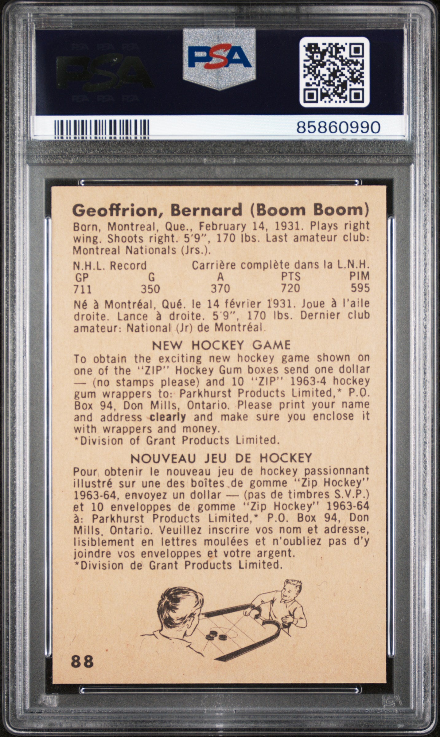 Boom Boom Geoffrion 1963 Parkhurst #88 PSA 8 Nm-Mint