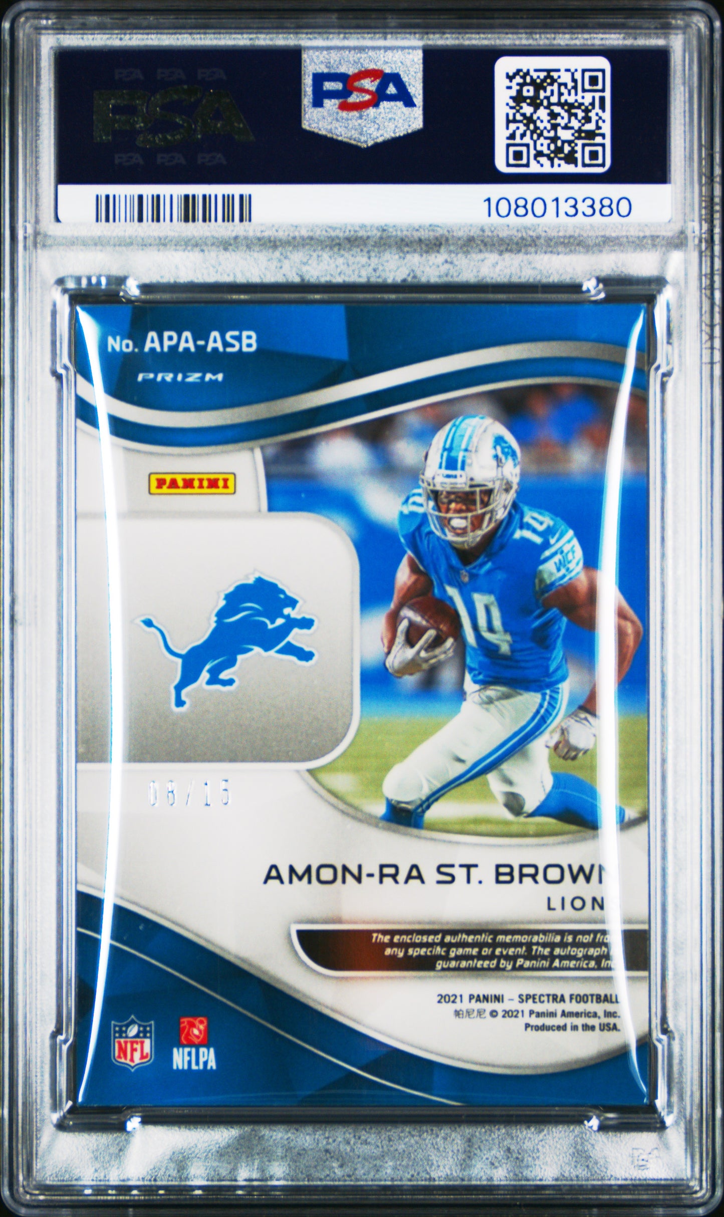 Amon-ra St. Brown 2021 Panini Spectra Neon Orange Rookie Patch Auto #8/15 PSA 7 Near Mint