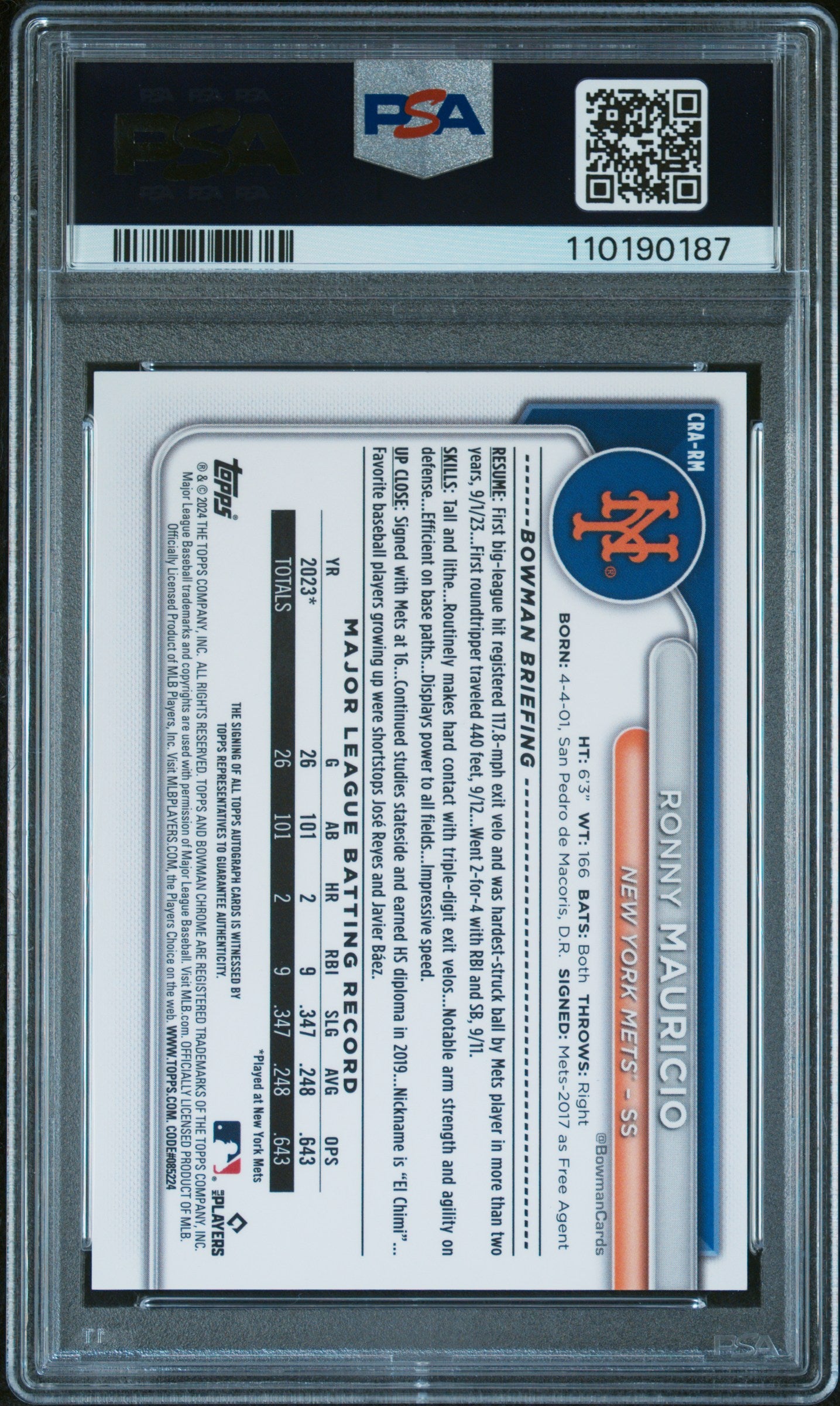 Ronny Mauricio 2024 Bowman Chrome Image Variation Auto #22/25 PSA 9 Auto 10