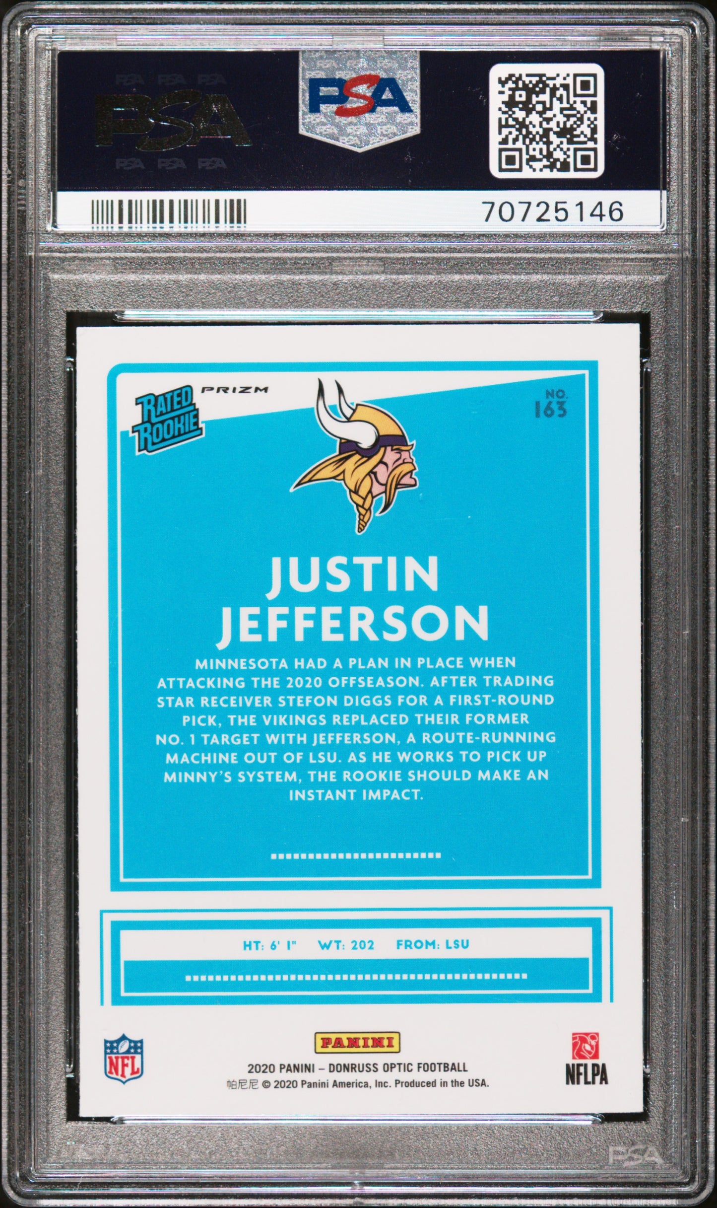 Justin Jefferson 2020 Donruss Optic Rookie #163 Blue Scope PSA 10 Gem Mint