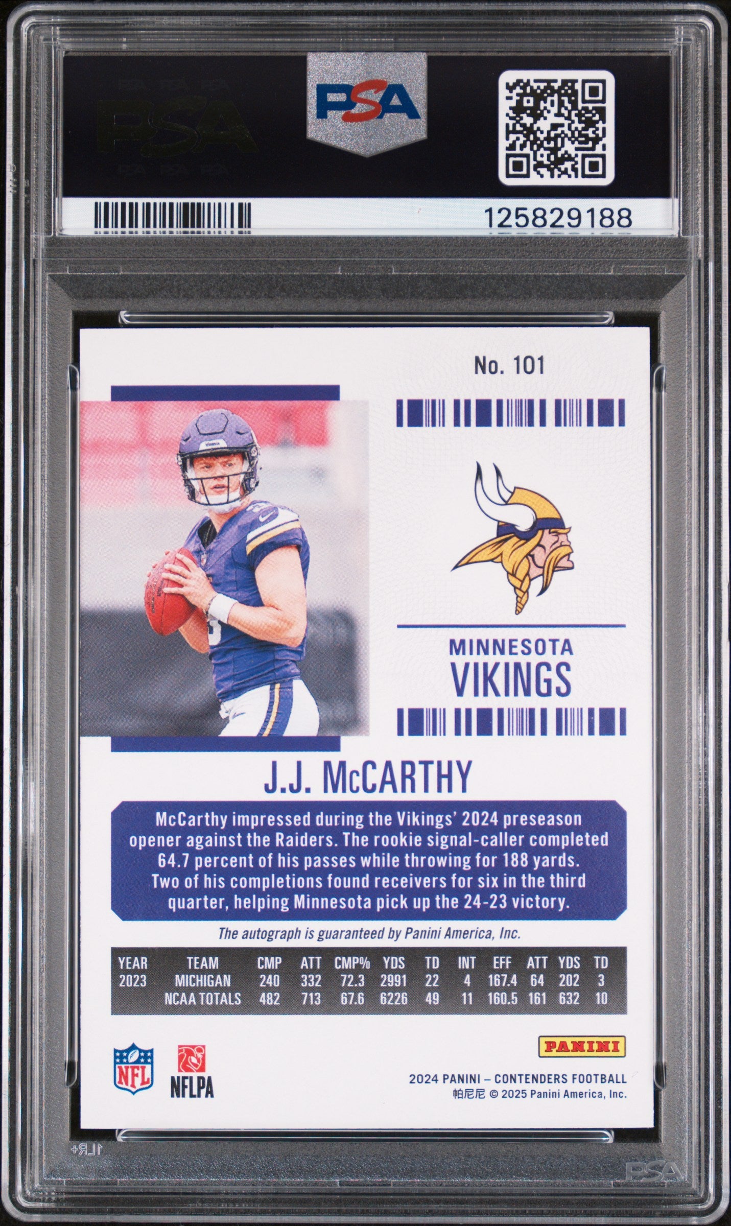 J.J. McCarthy 2024 Contenders Rookie Auto #101 PSA 10 Auto 10