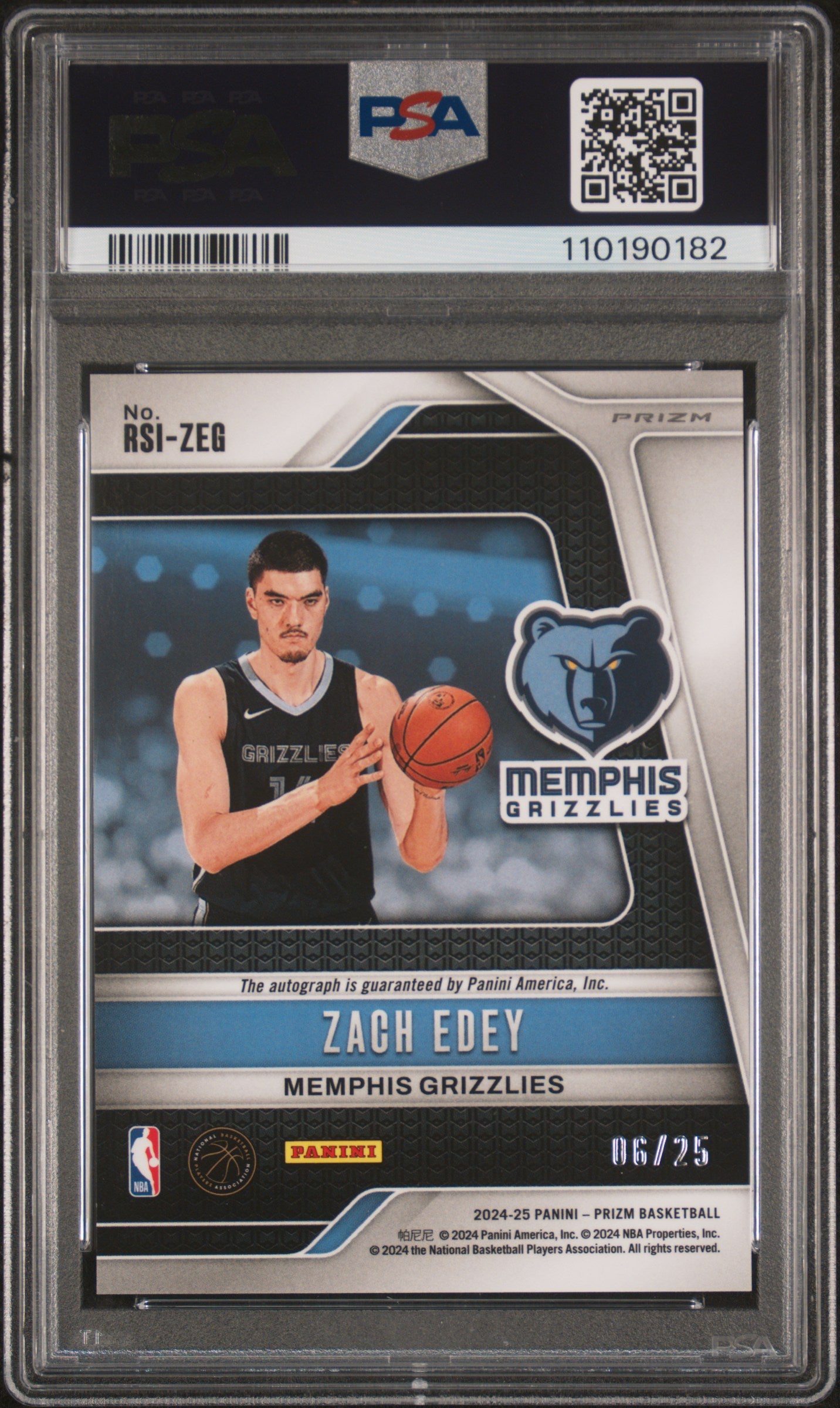 Zach Edey 2024 Panini Prizm Blue Shimmer FOTL Rookie Auto #6/25/25 PSA 10 Auto 10