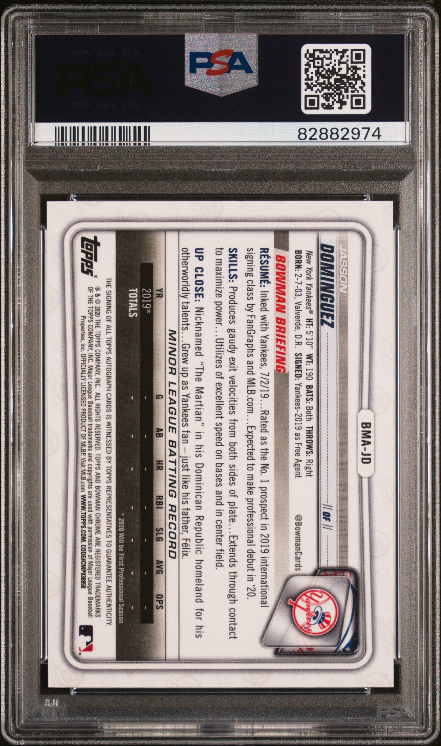 Jasson Dominguez 2020 Bowman Chrome Mega Box Auto PSA 10 Gem Mint 2974