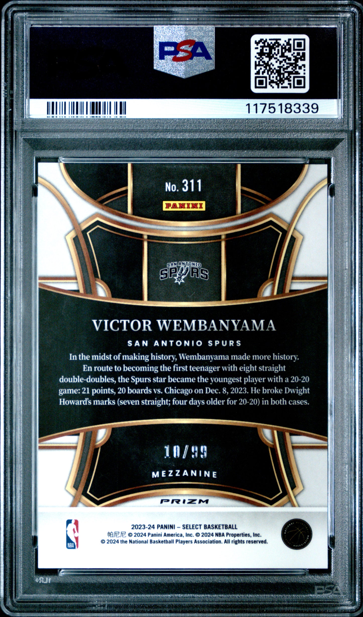 Victor Wembanyama 2023 Panini Select Rookie #311 Blue Tectonic #10/99 PSA 10 Gem Mint