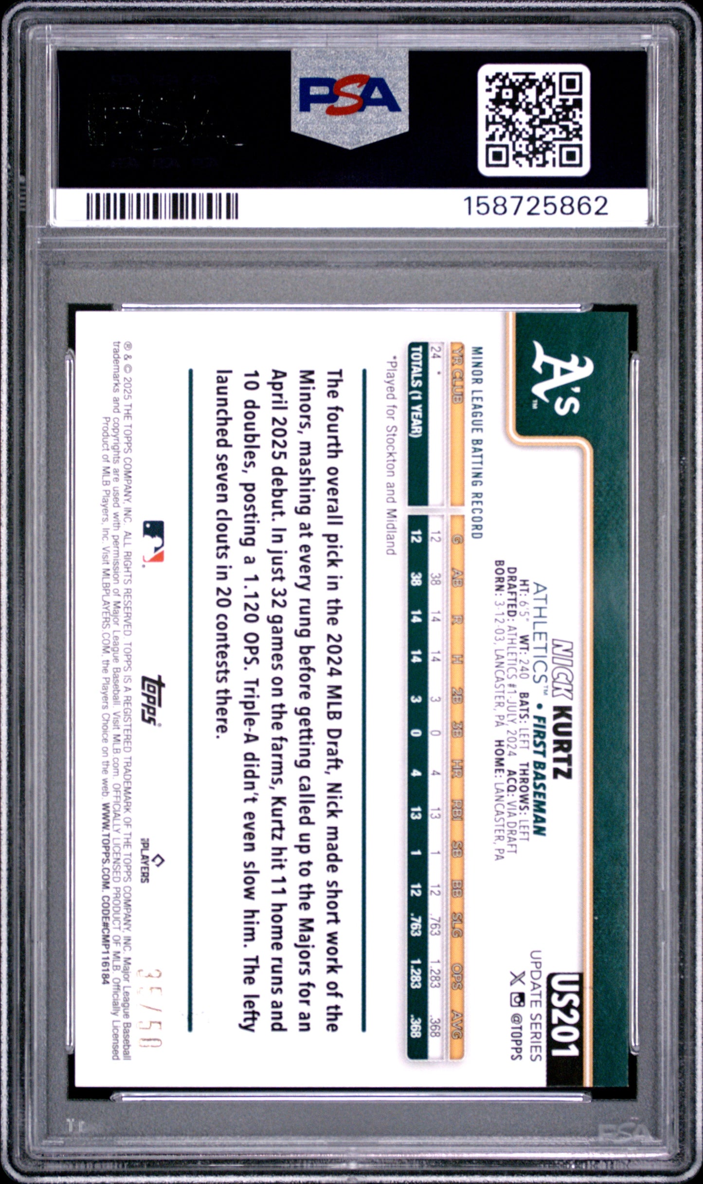 Nick Kurtz 2025 Topps Update #201 Gold Holofoil #35/50 PSA 9 Mint