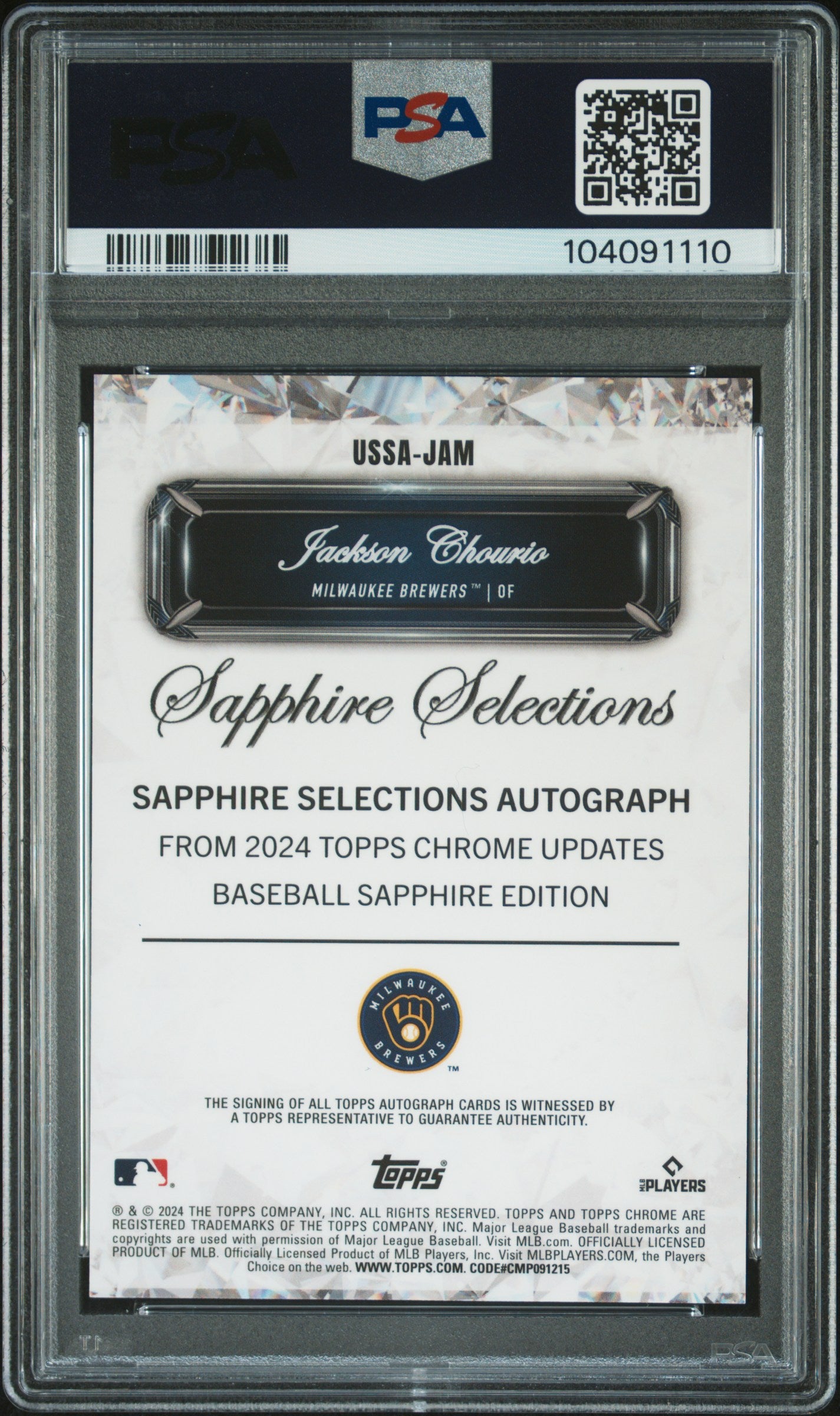 Jackson Chourio 2024 Topps Chrome Update Sapphire Orange Auto #22/25 PSA 10 Gem Mint