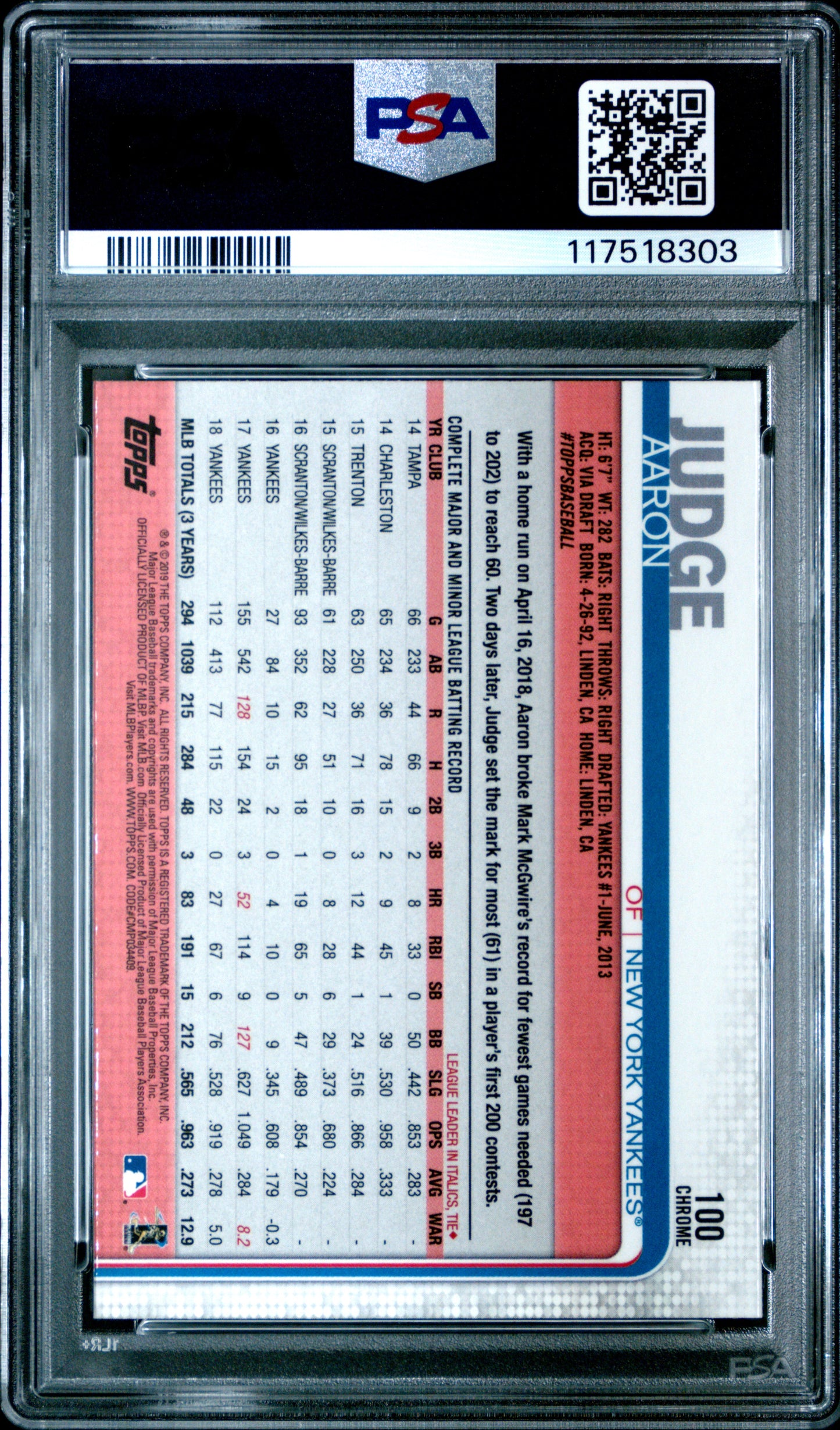 Aaron Judge 2019 Topps Chrome #100 Bat on Shoulder Refractor PSA 10 Gem Mint