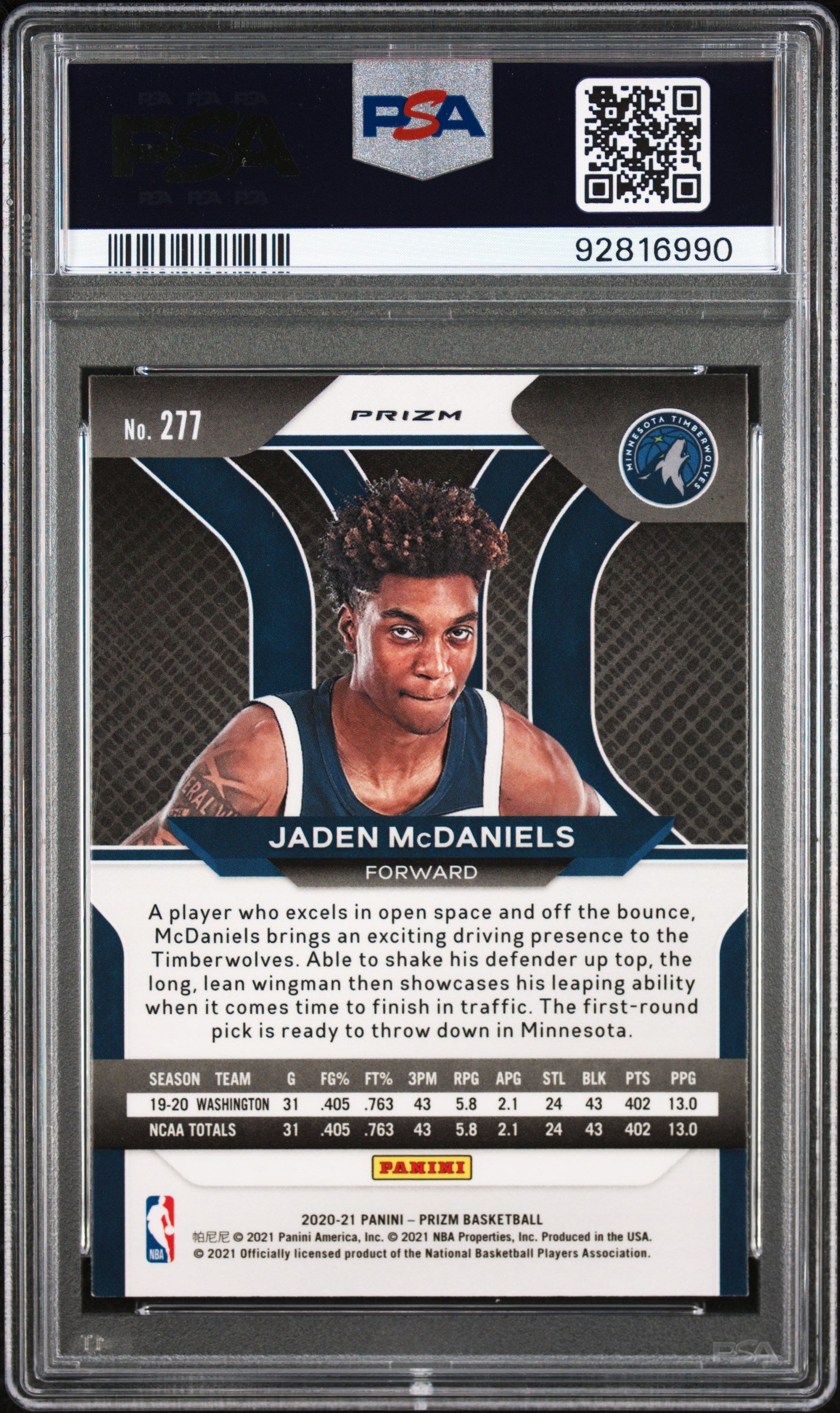 Jaden McDaniels 2020 Panini Prizm Rookie #277 Silver Prizm PSA 10 Gem Mint 6990