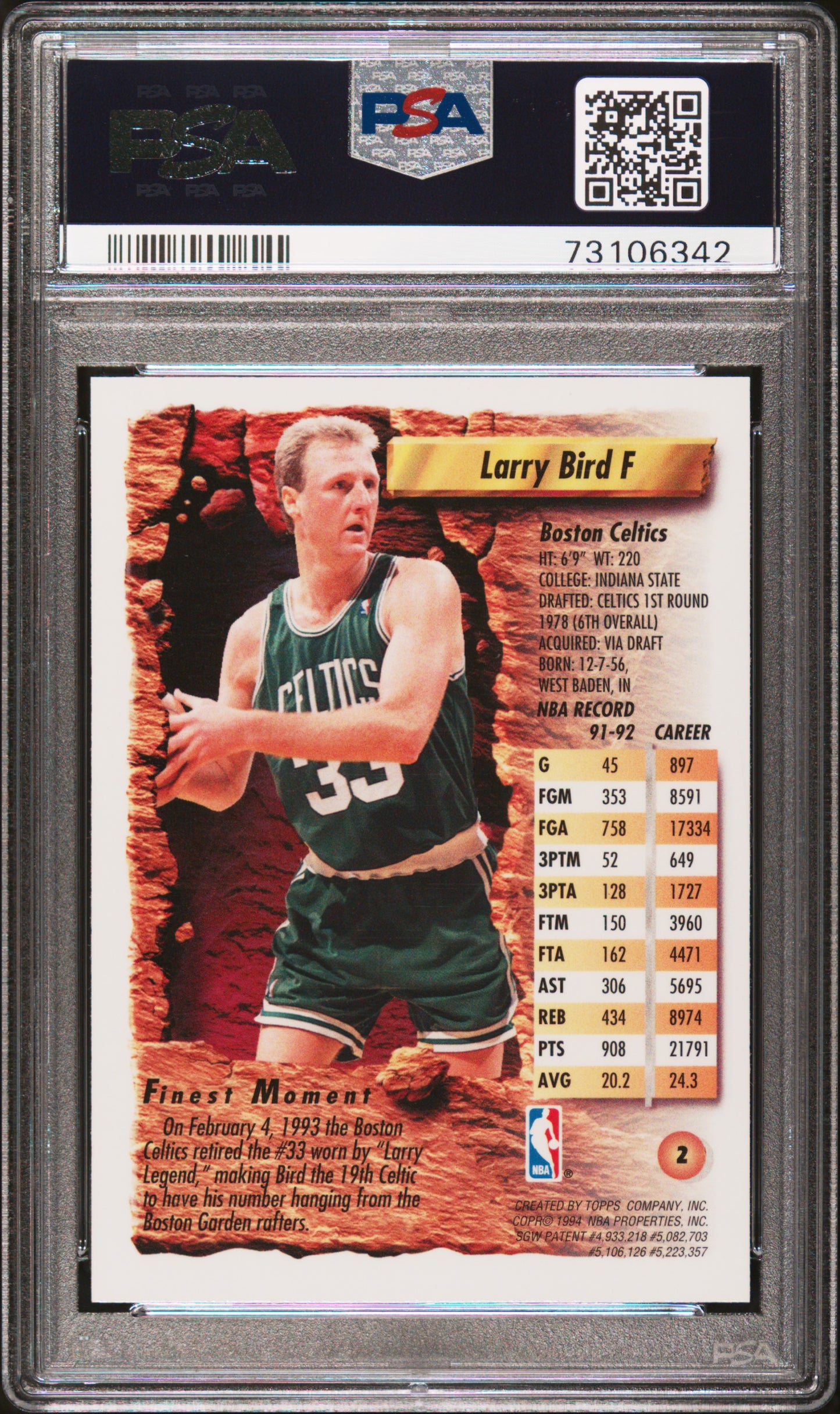 Larry Bird 1993 Topps Finest #2 Refractor PSA 7 Near Mint