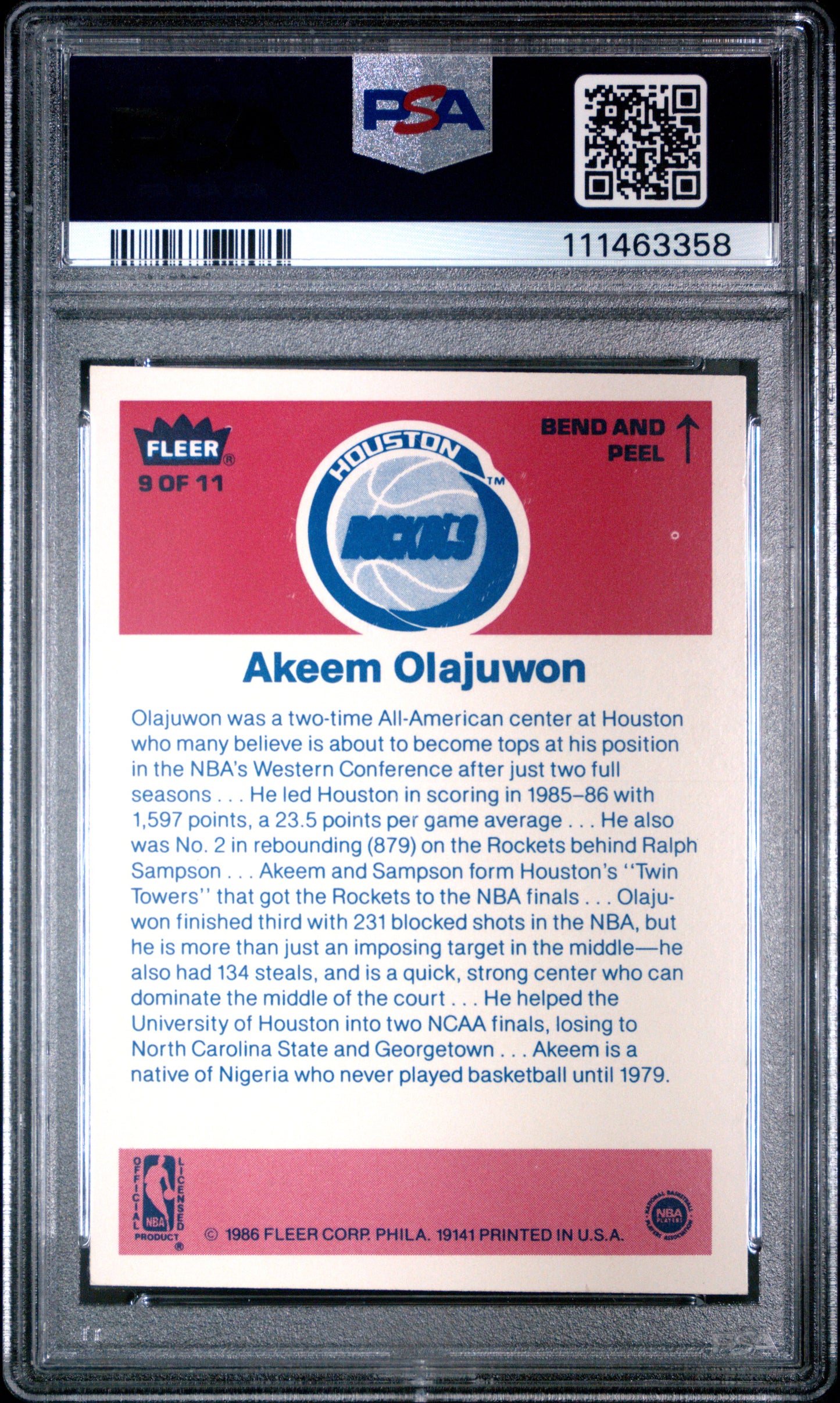 Akeem Olajuwon 1986 Fleer Sticker #9 PSA 8 Nm-Mint