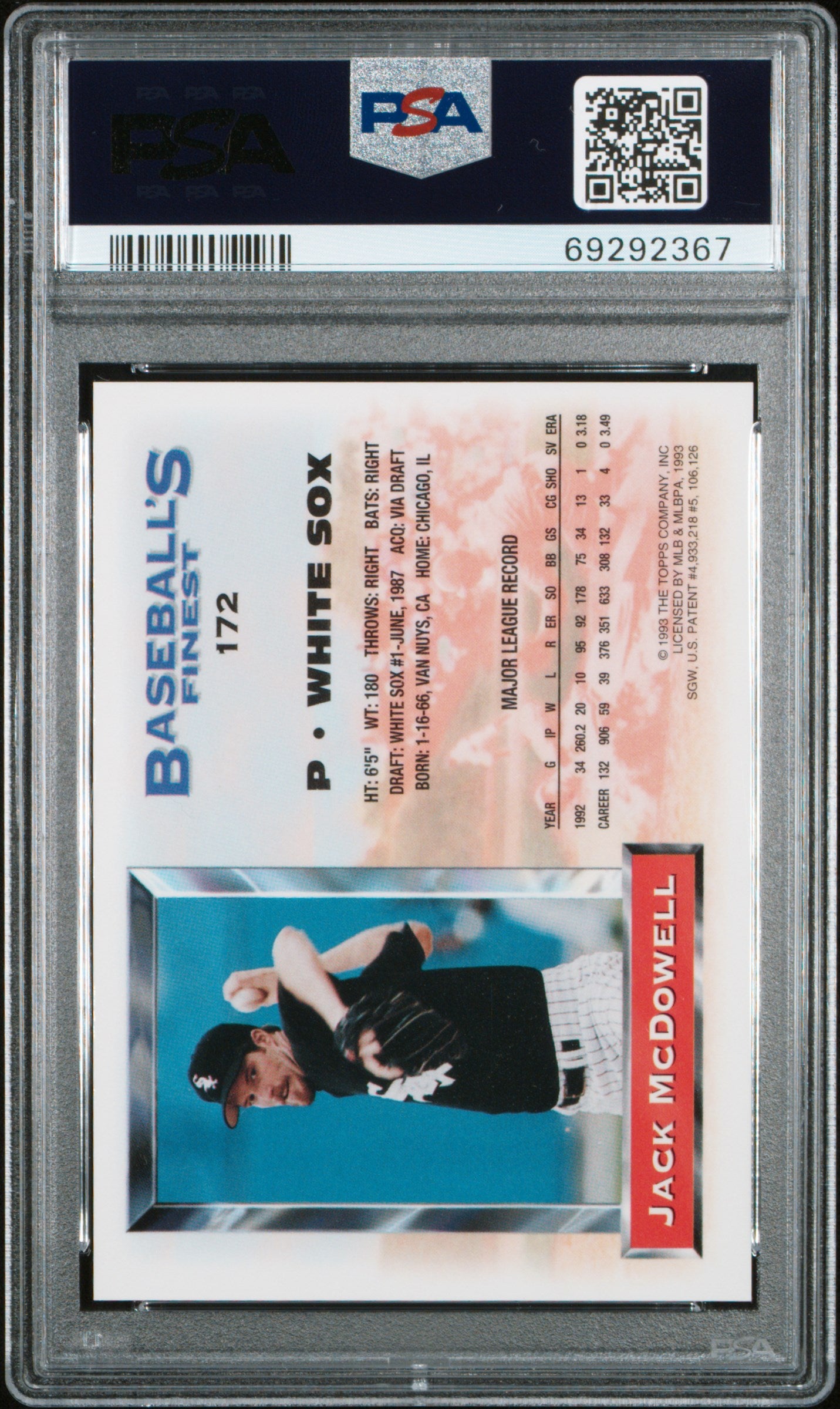 Jack McDowell 1993 Topps Finest Refractor #172 PSA 8 Nm-Mint