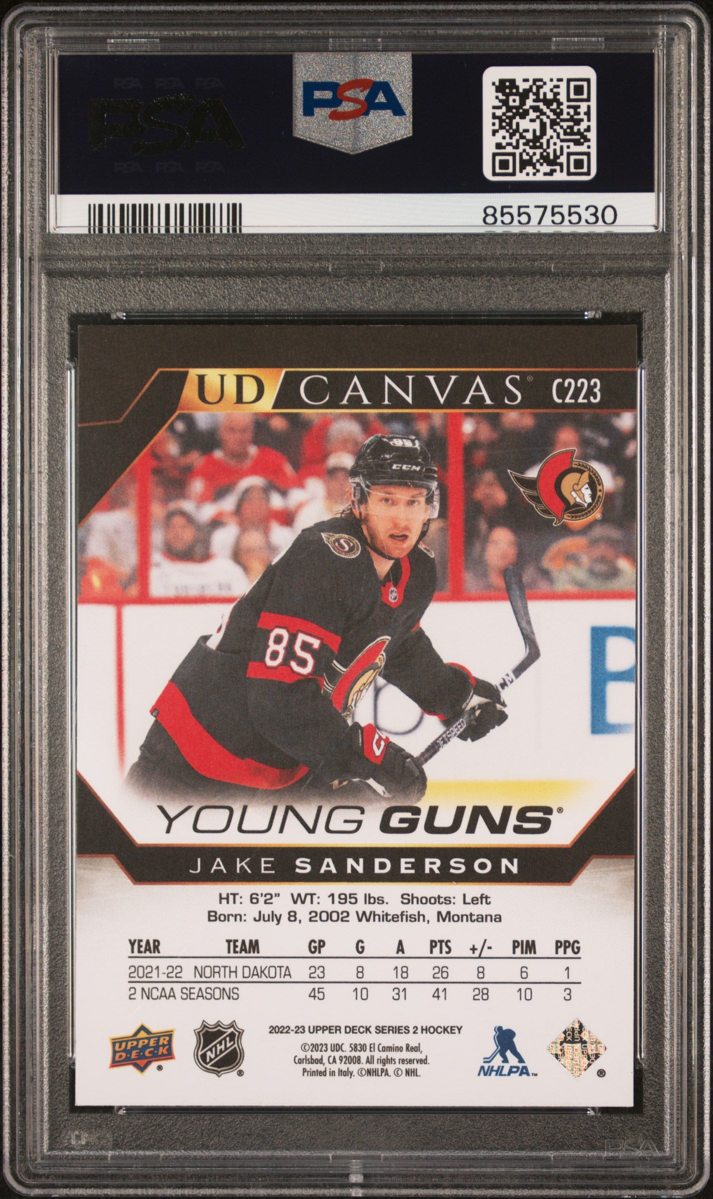 Jake Sanderson 2022 Upper Deck Canvas Black and White RC PSA 10 Gem Mint