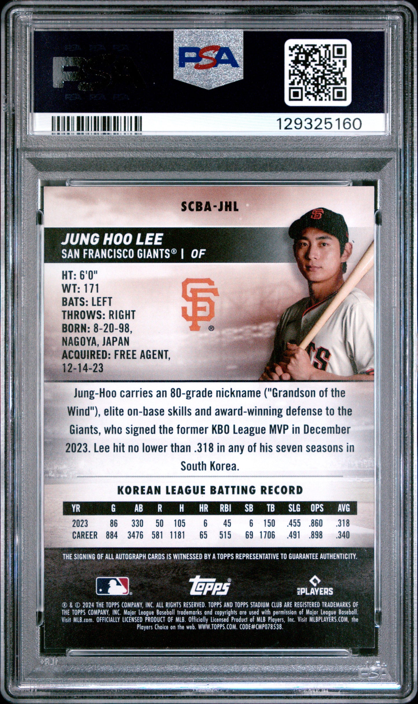 Jung Hoo Lee 2024 Topps Stadium Club Rookie Auto PSA 9 Mint