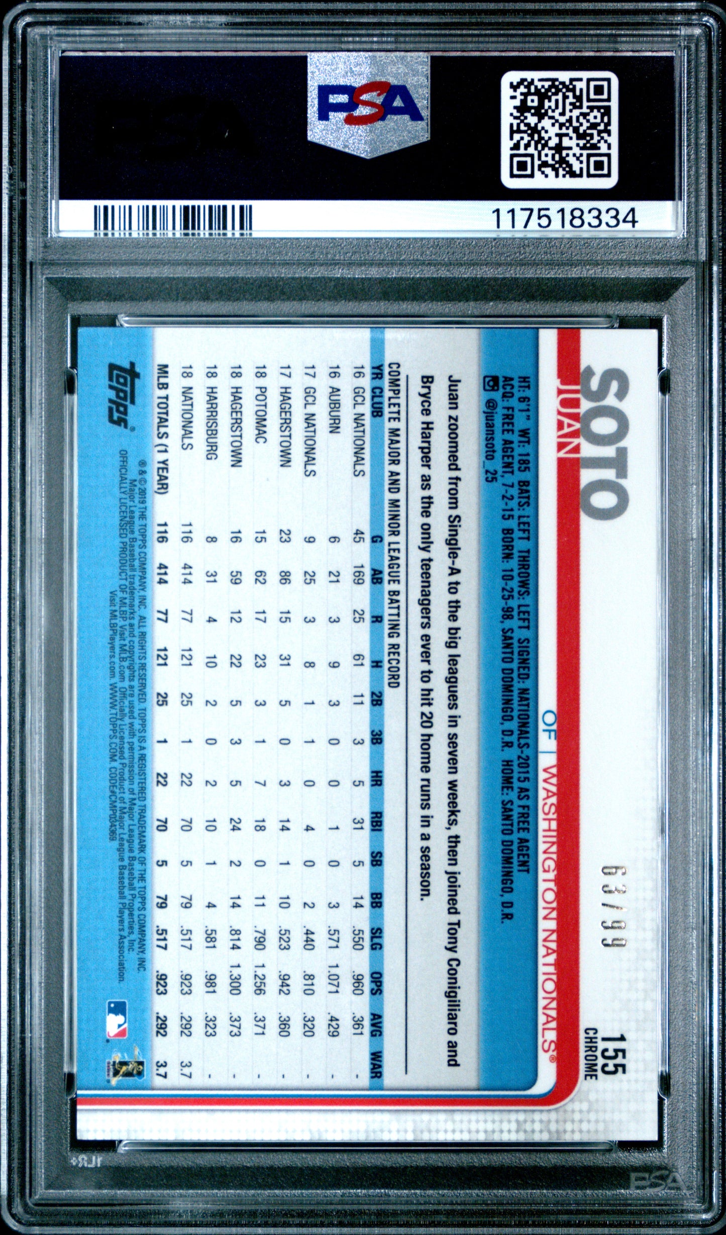 Juan Soto 2019 Topps Chrome Bat in one Hand Green Refractor #63/99 PSA 10 Gem Mint