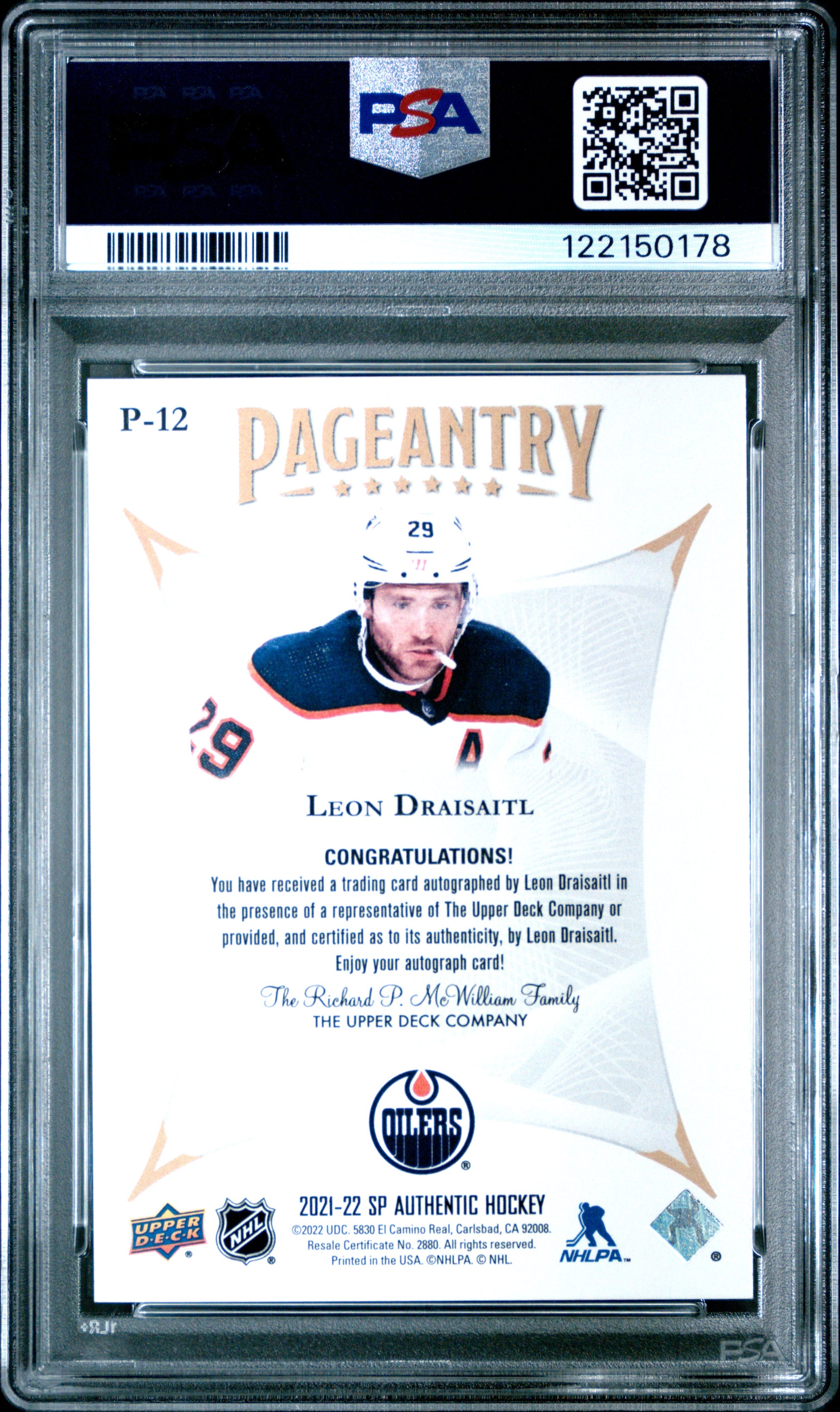 Leon Draisaitl 2021 Upper Deck SP Authentic Pageantry Auto PSA 10 Gem Mint