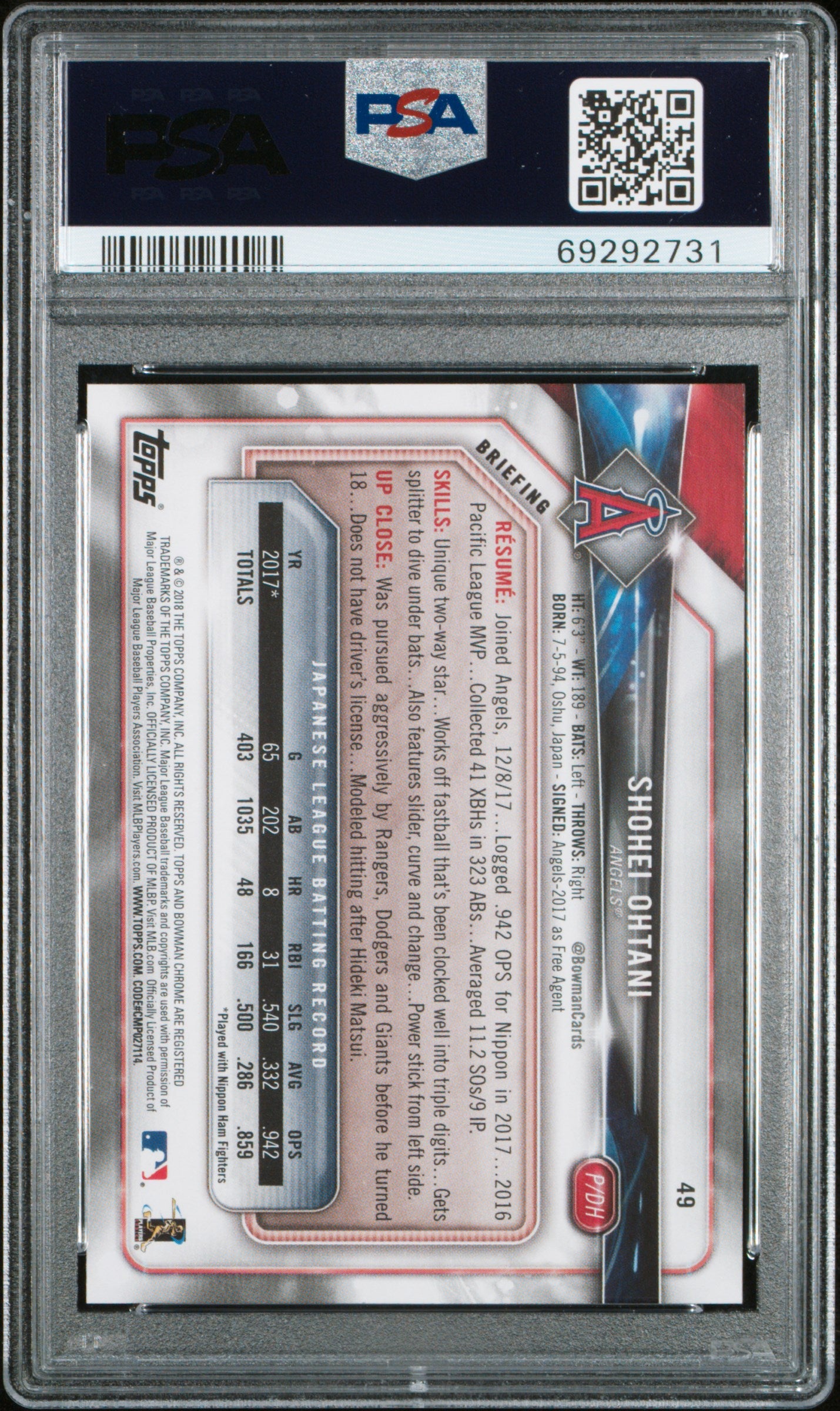 Shohei Ohtani 2018 Bowman Rookie #49 PSA 10 Gem Mint 2731