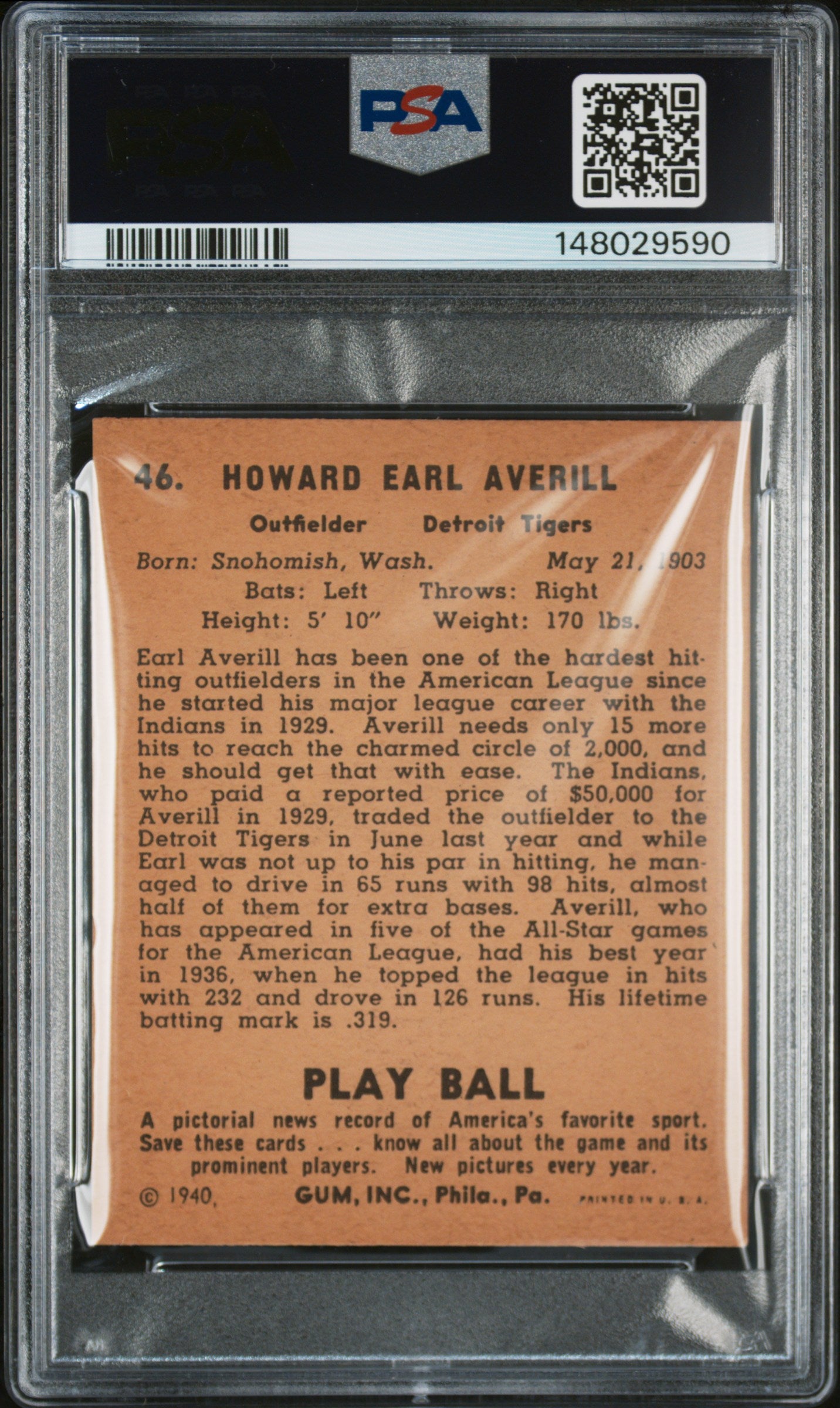 Earl Averill 1940 Play Ball #46 PSA 5 EX