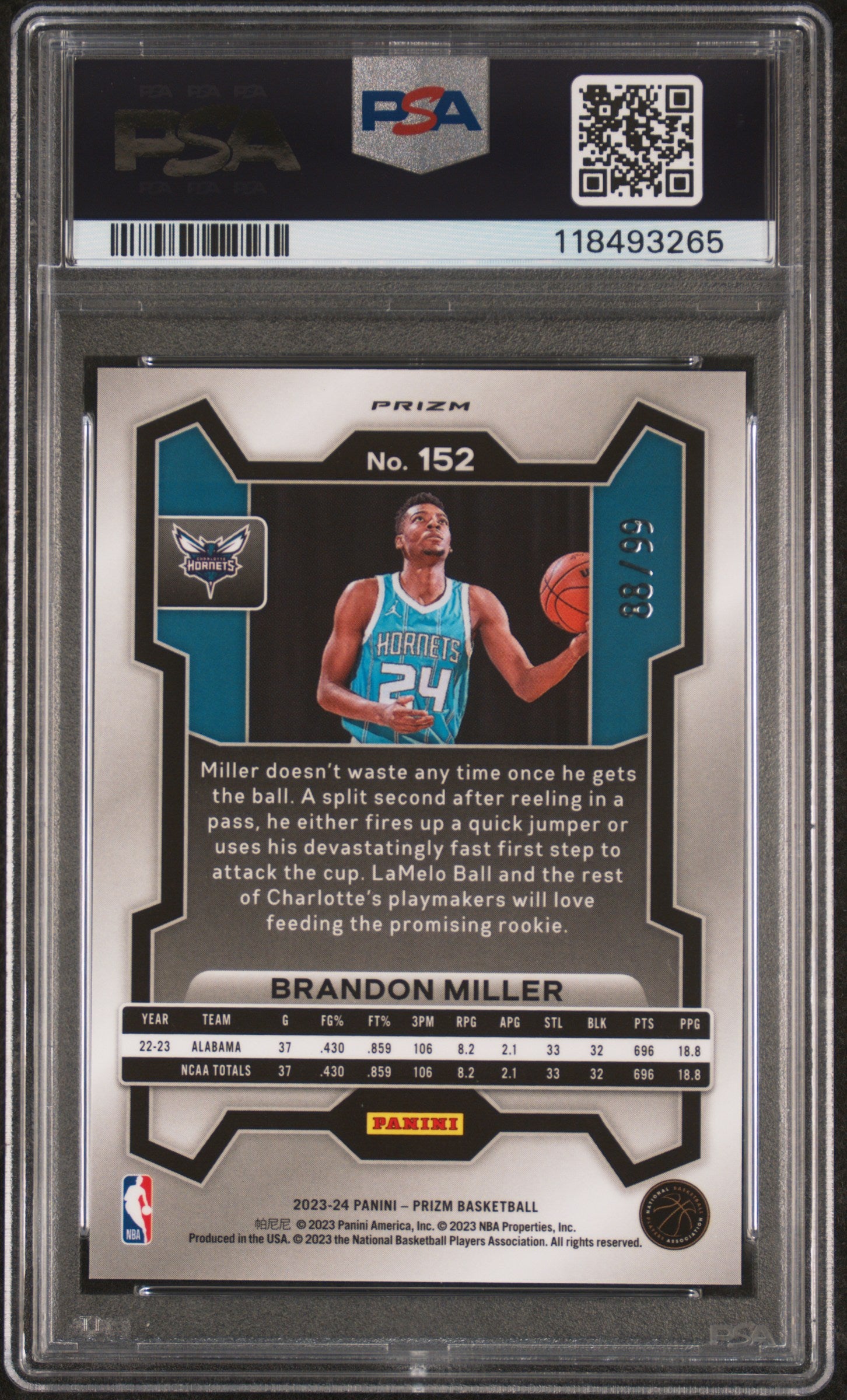 Brandon Miller 2023 Panini Prizm Rookie #152 Purple Prizm #88/99 PSA 10 Gem Mint