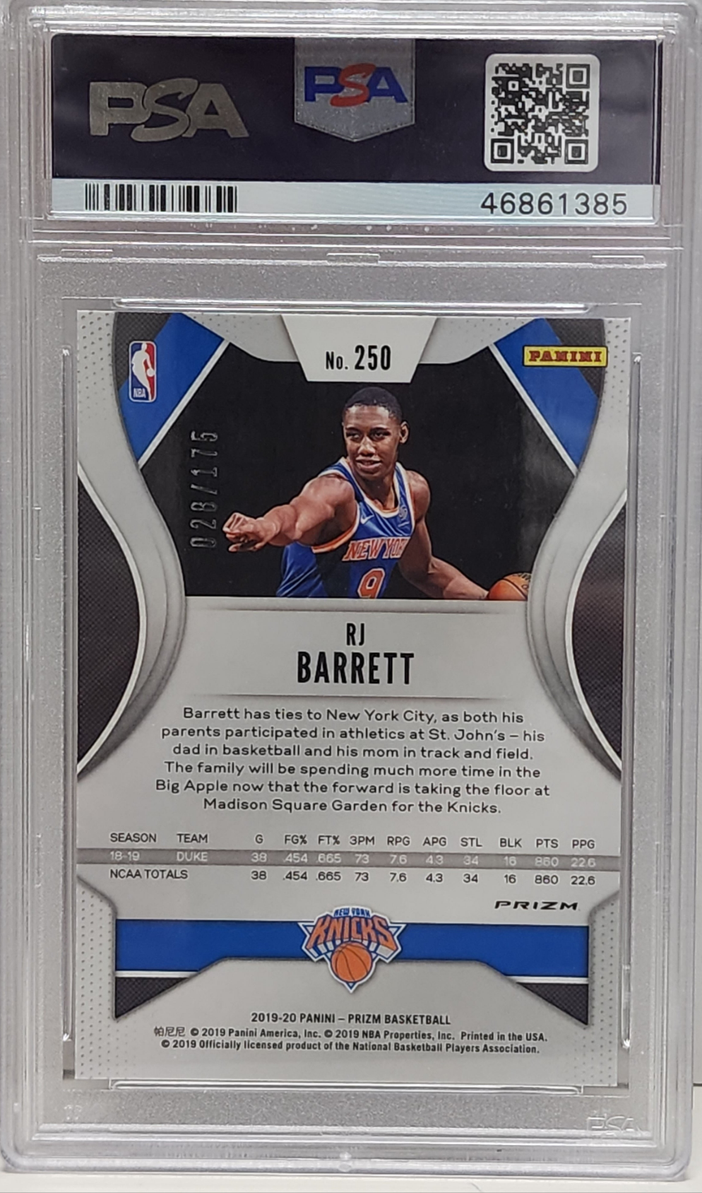 RJ Barrett 2019 Panini Prizm RC Fast Break Prizm Blue #28/175 PSA 10 Gem Mint